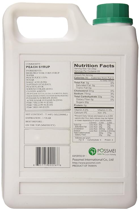 Possmei Flavored Syrup, Peach, 5.5 Pound