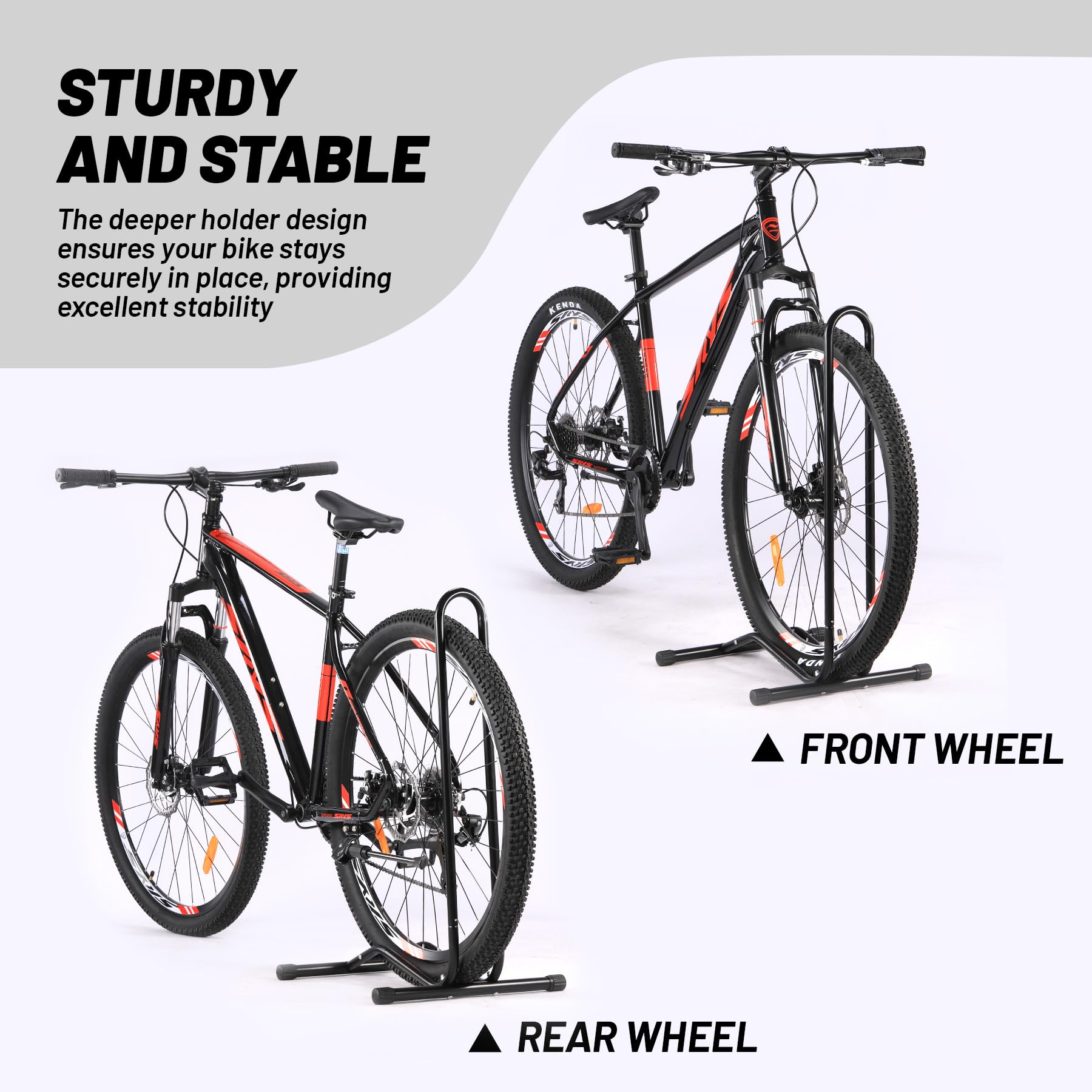 Bike Floor Stand For Indoor/Outdoor Storage – Fits 16"-29" Bikes, Tire Width Up To 2.2", Space-Saving Rack For MTB & Road Bikes