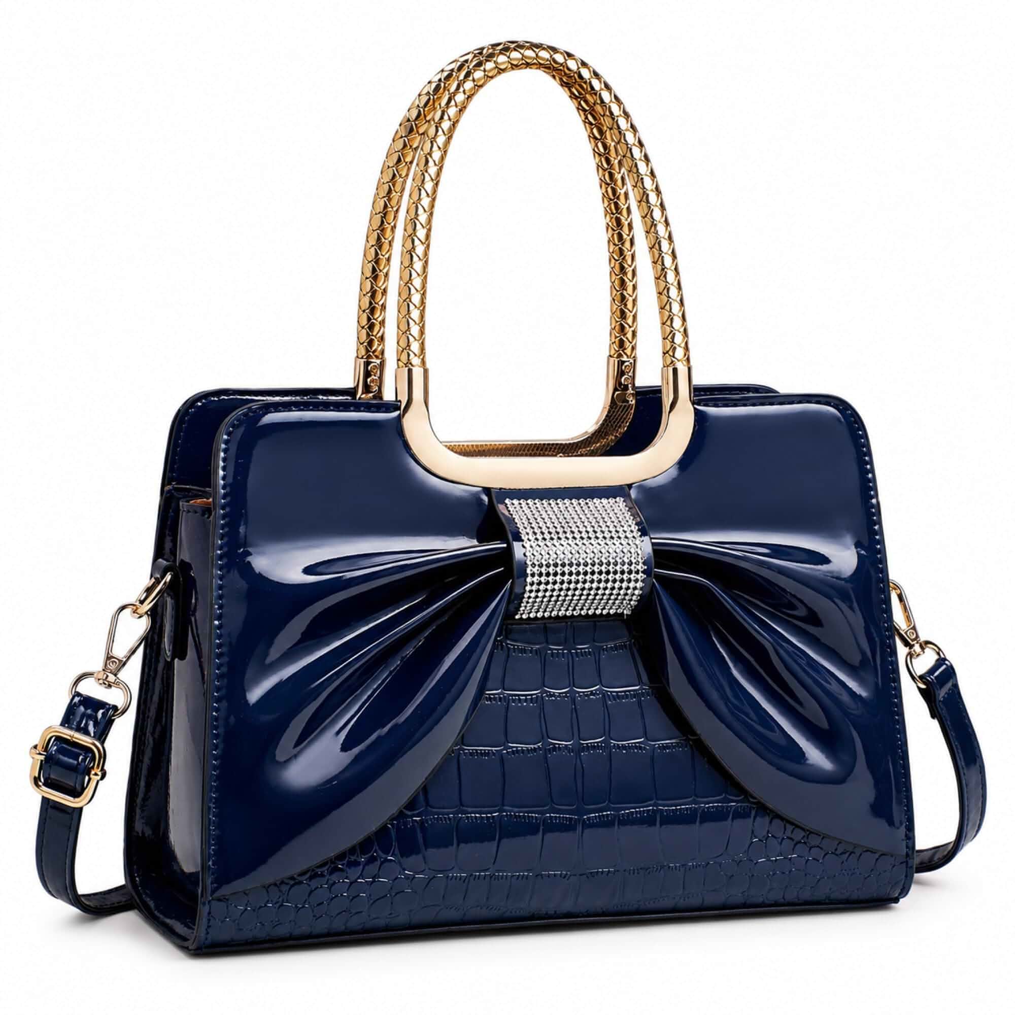 Women’s Glossy Patent Leather Handbag Top Handle Satchel - Medium Structured Shoulder Tote Purse with Adjustable Strap
