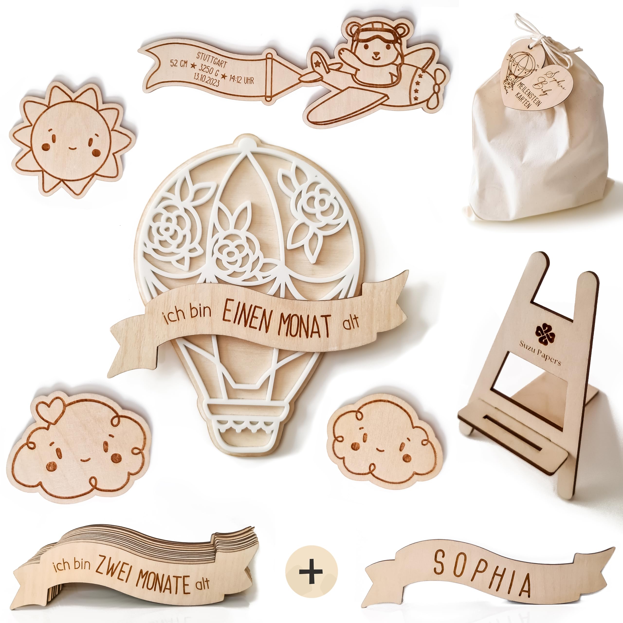 Meilensteinkarten Baby Holz 1-12 Monate personalisiert – Mädchen & Jungen Heißluftballon (Set 4) Komplett-Set)