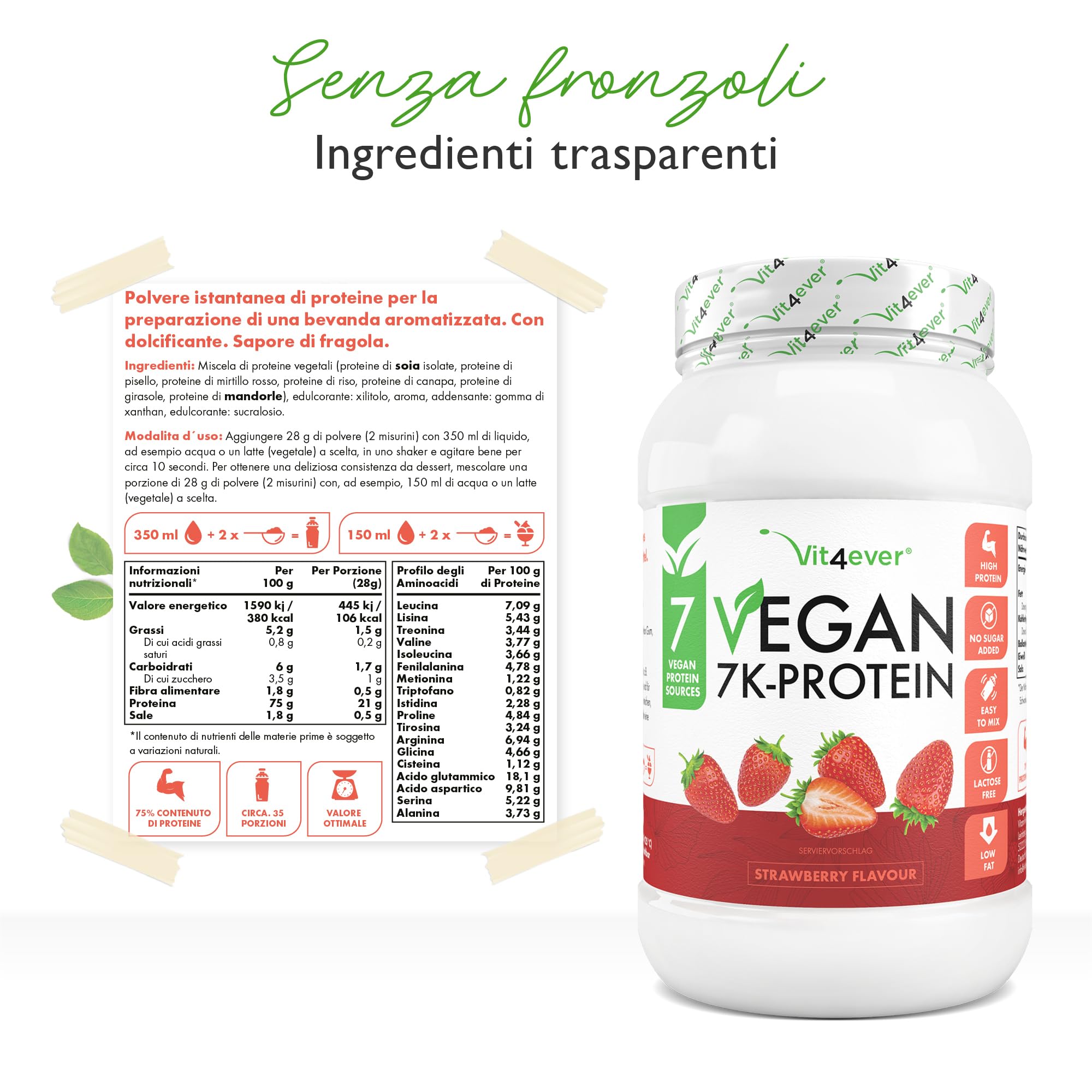 Vegan 7K Proteina – 1 kg – Fragola – Polvere di proteine vegetali pura con riso, mandorle, soia, piselli, canapa, mirtillo, girasole