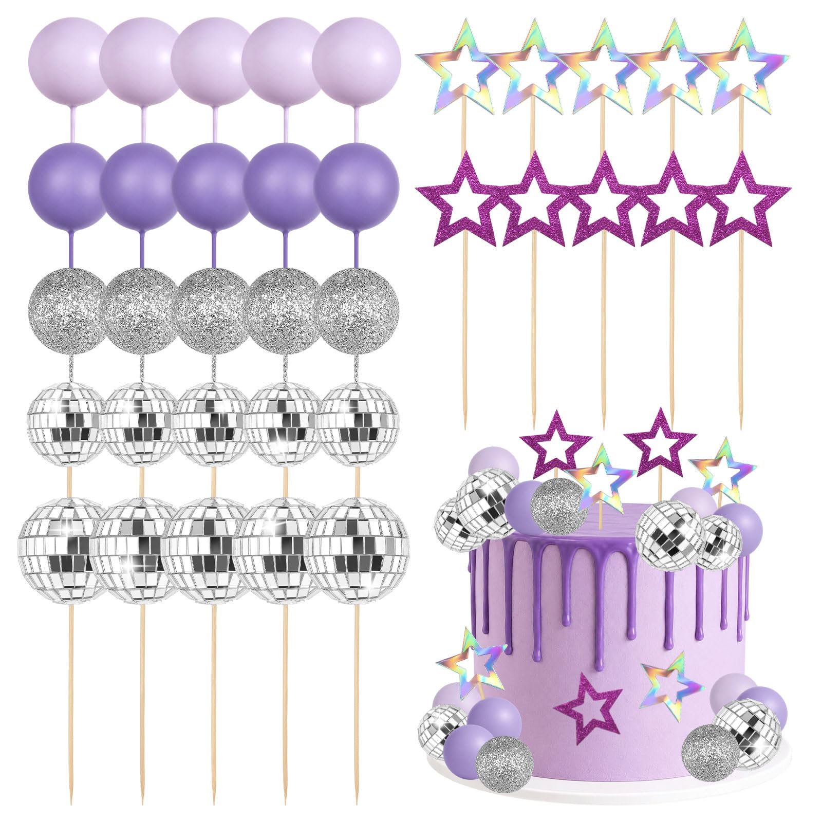 Gyism 35pcs Disco Purple Cake Decorations, Purple Mirror Ball Toppers with Glitter Star Picks for Birthday Party, Stylish Retro Disco Party Cake Toppers for Girls Celebration Dessert Decor
