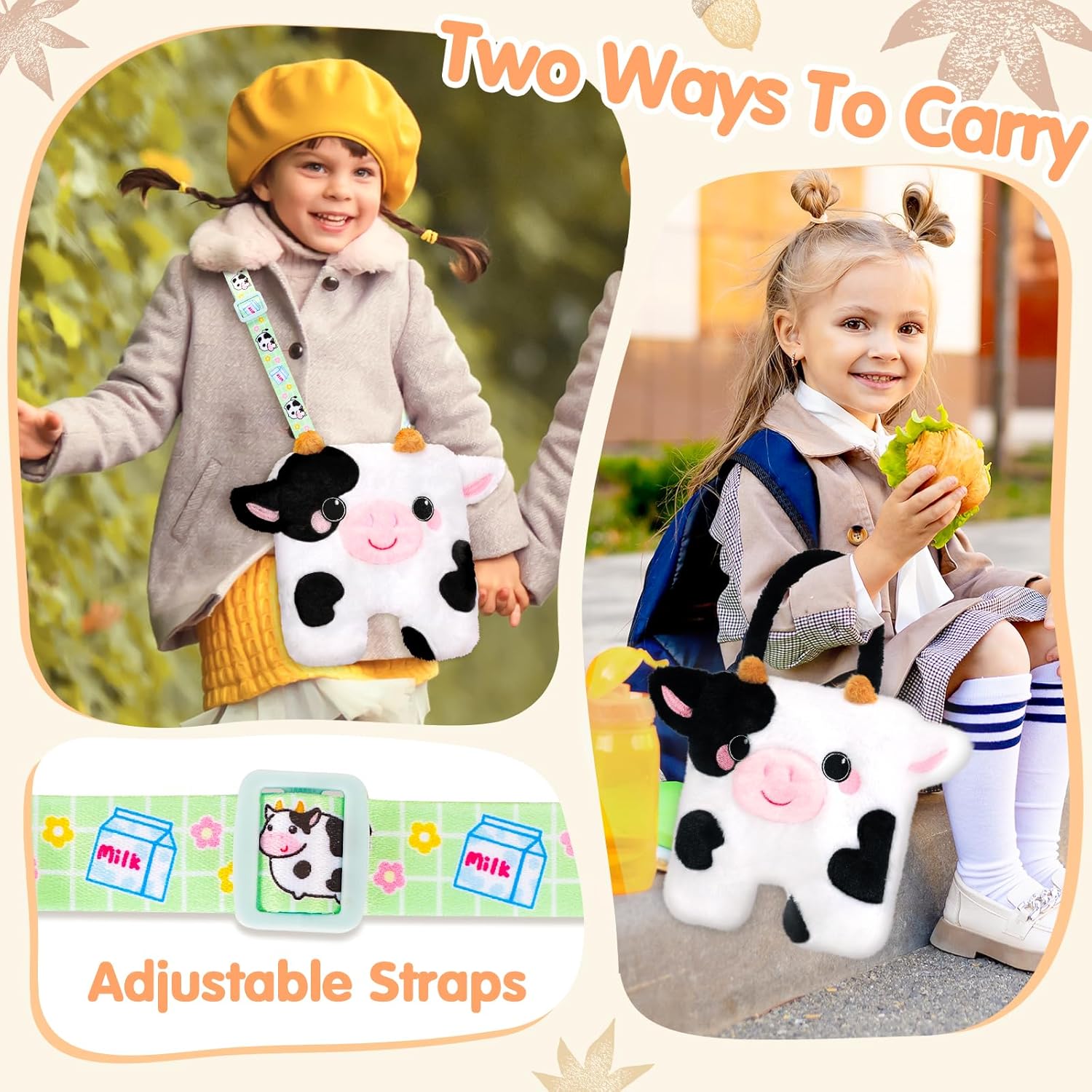 Cow Plush Bag Crossbody Bag for Kids, Plush Handbag Tote Bag with Adjustable Strap,Soft Plush Cow Stuffed Purse with Zipper,Coin Pouch Accessories for Toddlers Kids - Image 2