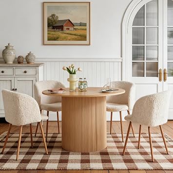 47 Inch Round Dining Table Set for 4, Modern Mid Century Circle Coffee Set for Dining Room Kitchen Apartment Oak Table + 4 Sherpa Barrel Off White Chairs