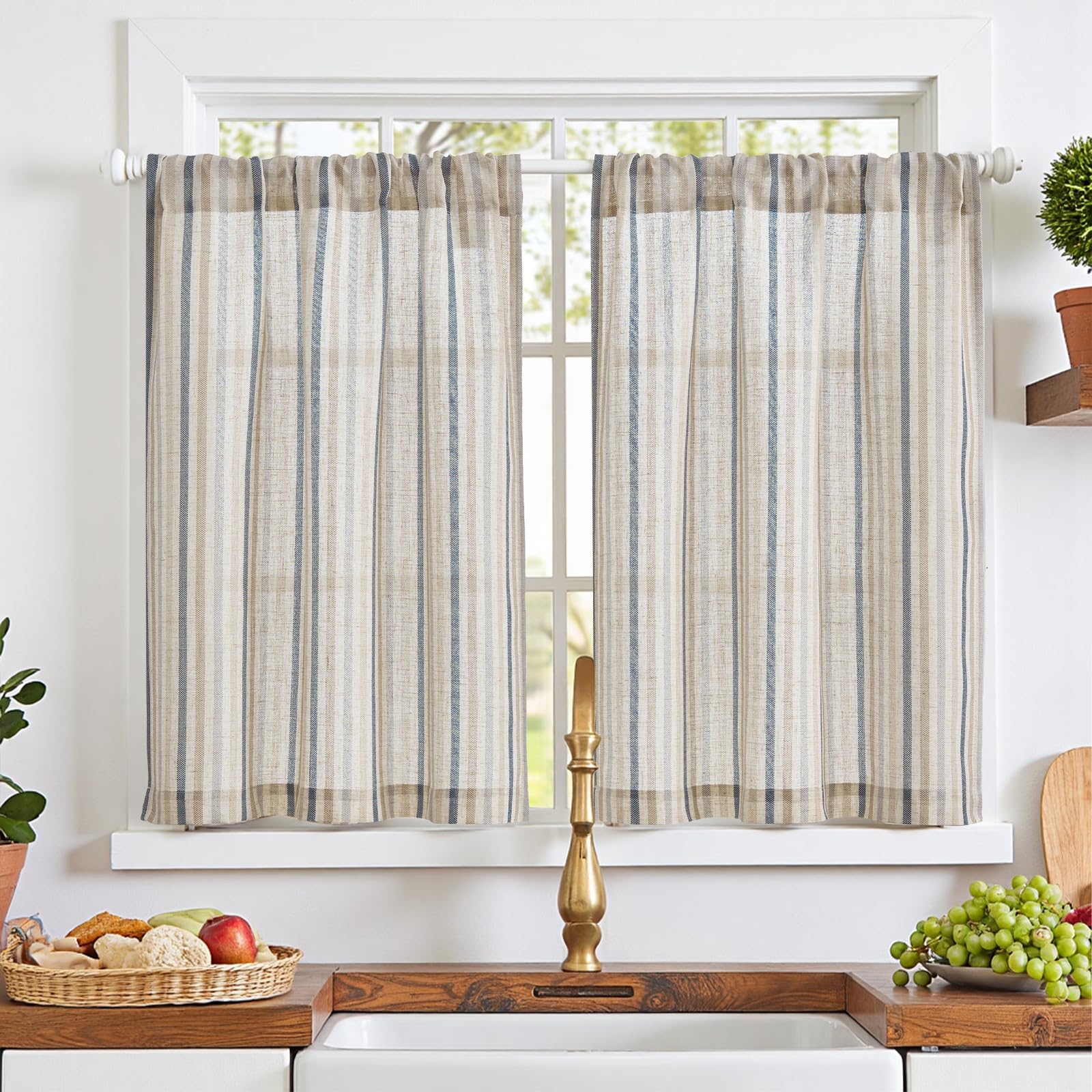 TOPICK Colourful Stripe Small Cafe Curtains, Light Filtering Privacy Kitchen Curtains, Rod Pocket Short Half Window Curtain Tiers for Bathroom, Cupboard Base, Sink, Muti Blue, W 26 x L 36 Inch Drop