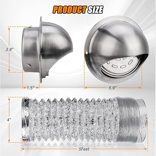 Miniatura 4 de Cubierta de ventilación para secadora exterior, rejilla de ventilación redonda de acero inoxidable de 4 pulgadas y manguera de conducto de secadora,