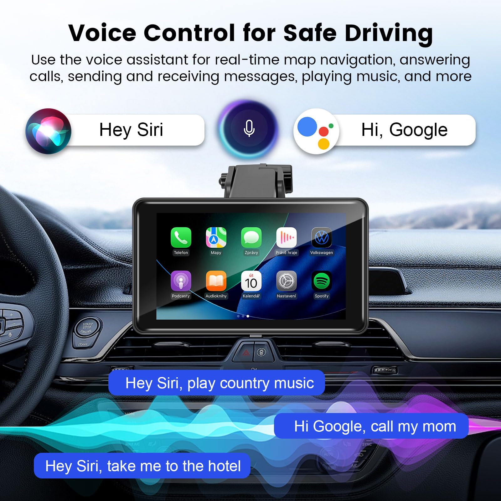Wireless CarPlay Screen for Car, 7” HD Touch Android Auto Car Play Screen Portable Car Stereo Live Navigation Bluetooth Mirror Link Music, Video, Player Siri, GPS, FM, AUX, AirPlay - 3
