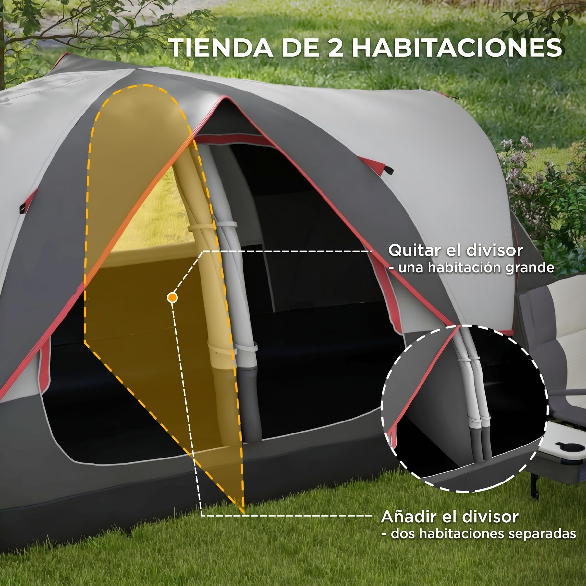 Outsunny Tienda de Campaña Familiar para 6-8 Personas Tienda de Camping Plegable con 2 Habitaciones y Bolsa de Transporte Impermeable para Senderismo 450x215x180 cm