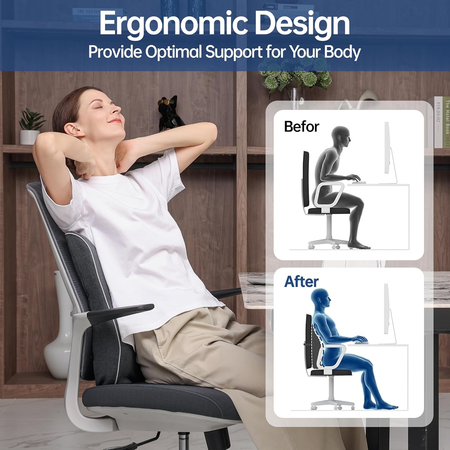 Lumbar Support Pillow for Office Chair, Back Support Pillow with Memory Foam, Relieves Back Pain, Removable Washable Cover & Adjustable Strap, for Car/Gaming Chair,Gift-Dark Grey