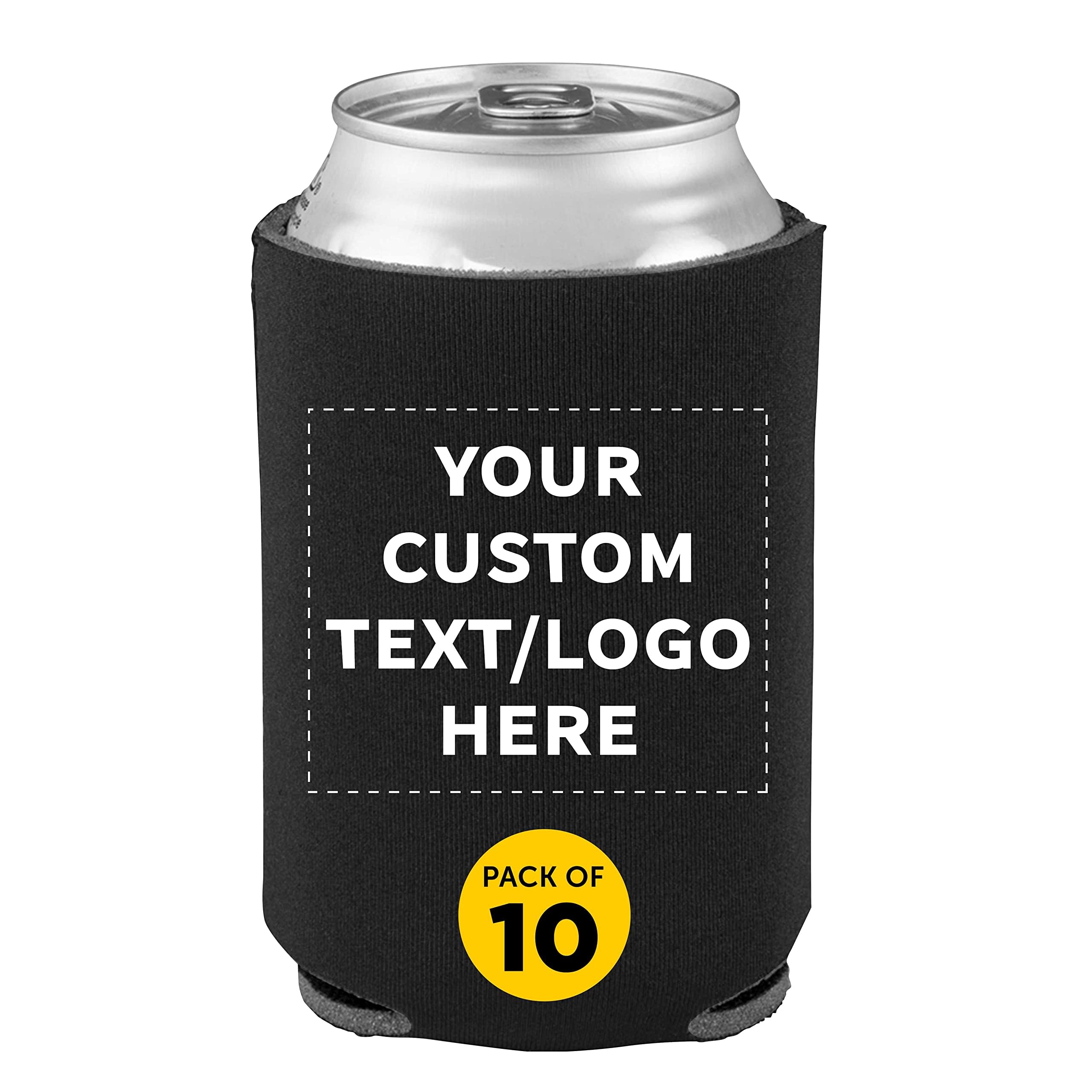 DISCOUNT PROMOS Custom Collapsible Beer Can Coolers 4mm Set of 10, Personalized Bulk Pack - Great for Beer, Soda, Other Beverages - Black