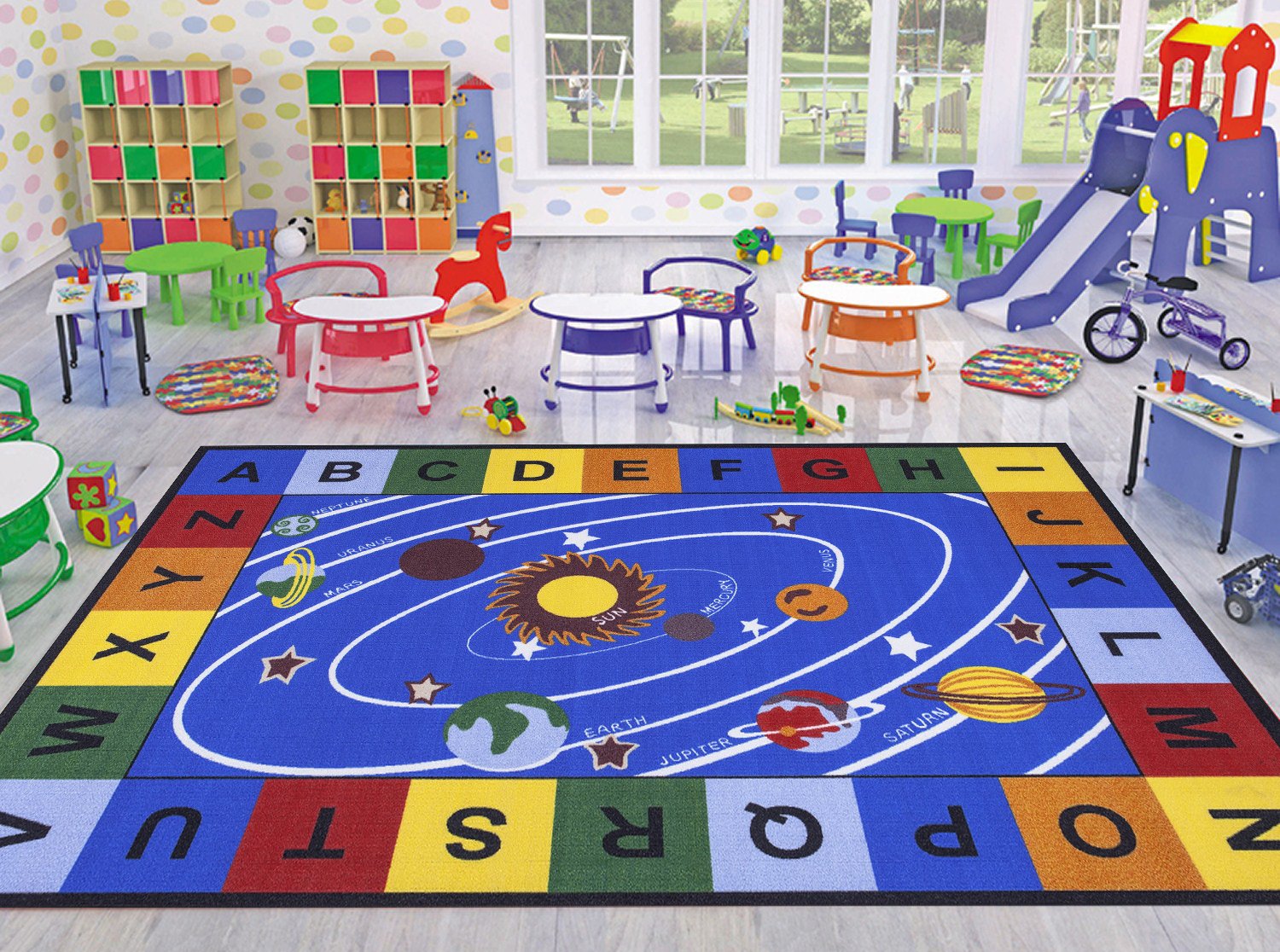 Ottomanson Jenny Collection Blue Base with Multi Colors Kids Children's Educational Our Solar System Design Area Classroom Rugs, Multicolor, 5x6’6