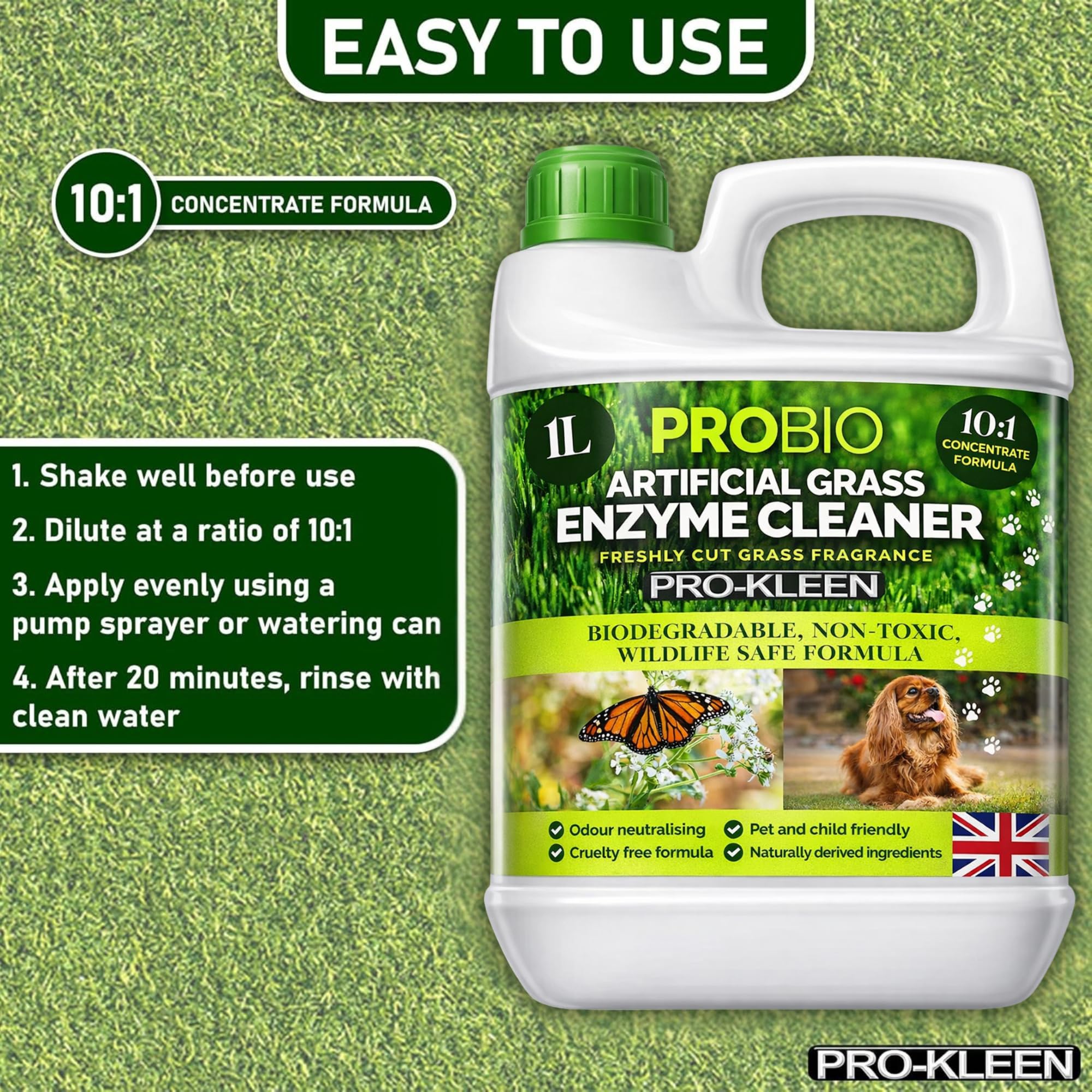 Pro-Kleen ProBio Nettoyant pour gazon artificiel à base de probiotiques Désodorisant Éliminateur d'odeurs 1 L Non toxique Sans cruauté envers les animaux Pour les enfants et les animaux domestiques