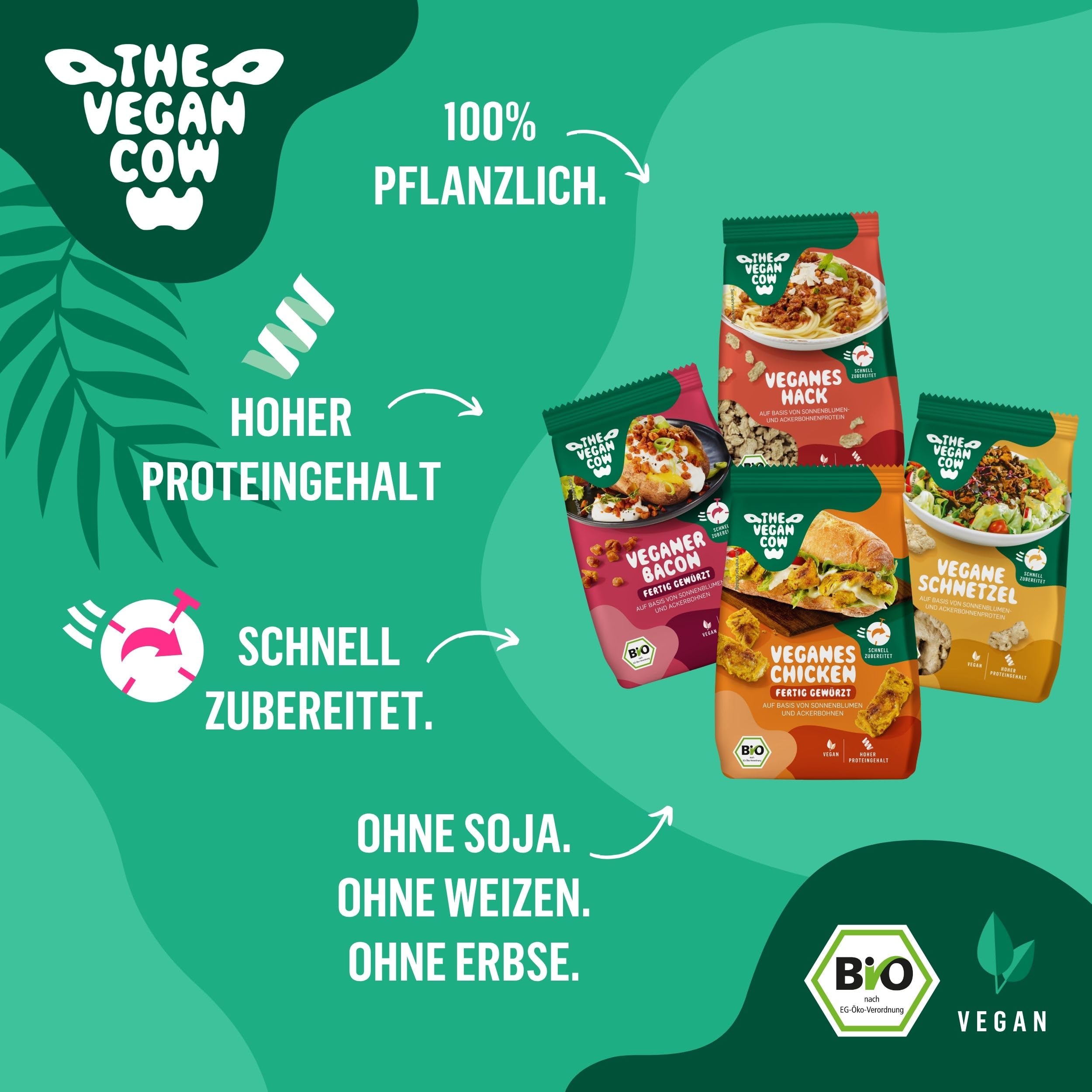 THE VEGAN COW - Probierpaket - je 75g I Veganes Hack I Veganes Schnetzel I Veganes Chicken I Veganer Bacon I Bio-Fleischersatz - doppelte Proteinquelle