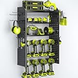 KAFAHOM Power Tool Organizer,Large 8 Drill Holder Wall Mount with 2 Side Pegboards,5 Layer Metal Tool Storage Rack with 12 Hooks,Tool Shelf for Garage Organization,Utility Battery Shelves - Black