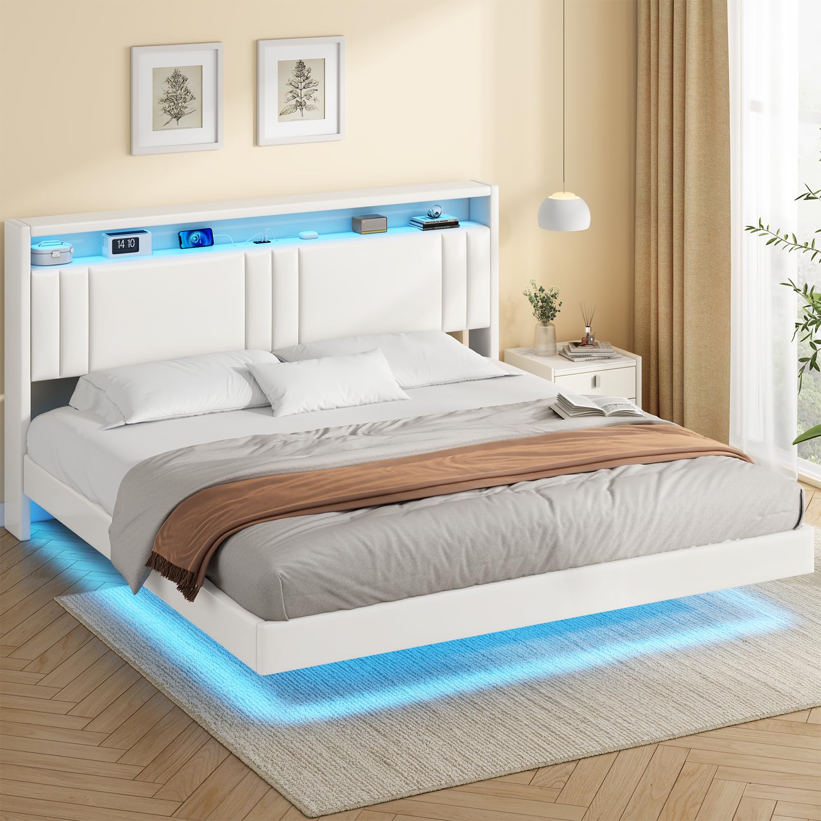 KIMENICH Letto 180 x 200 cm, Struttura Letto con Illuminazione a LED, Stazione di Ricarica, Effetto Visivo Galleggiante, Struttura del Lettos con Rete a Doghe, per Camera da Lettos, PU bianca