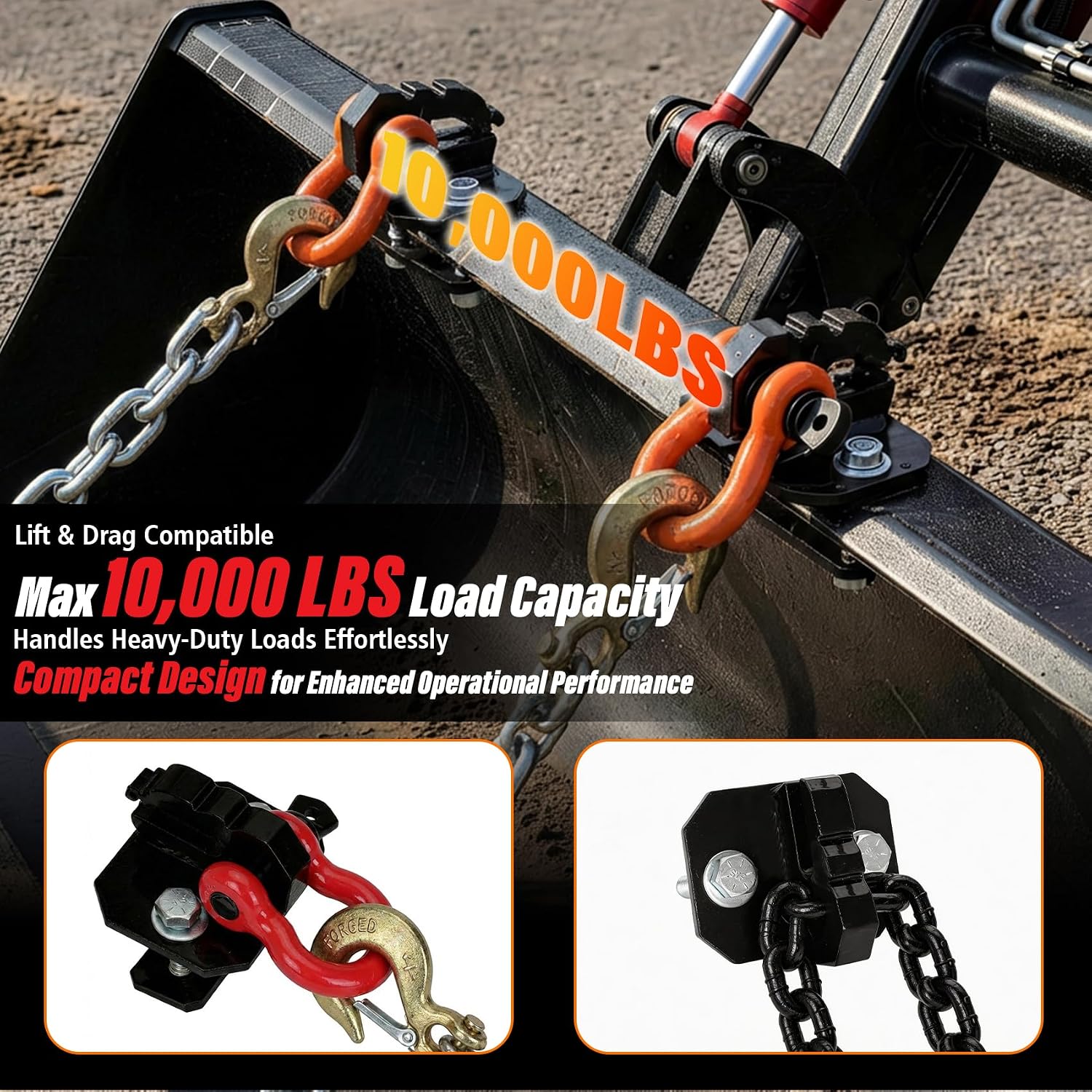 3/8 inch Tractor Bucket Grab Hook with 5/8 inch Tie Down D-Ring Shackle 2 Pack, Bolt-On Tow Hook Mount with Bracket Plate, Max 10,000 lbs Capacity (Black & Red)