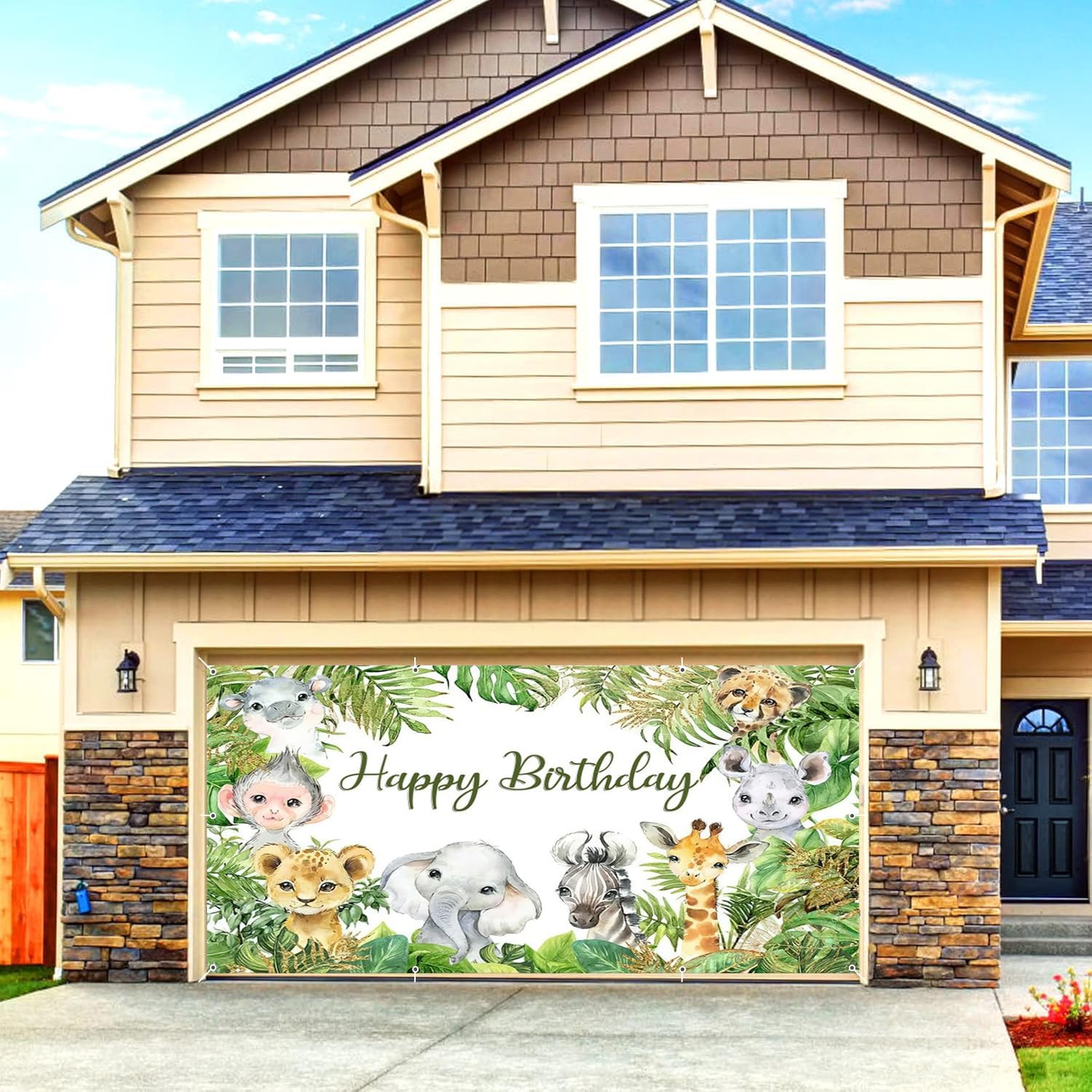 Jungle Animal Happy Birthday Garage Door Cover Banner Decorations Backdrop 7x16ft Large Safari Tropical Palm Leaves Garage Door Banner Decorations Kids Birthday Party Outdoor Garage Door Backdrop