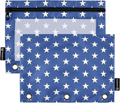Pencil Pouch for 3 Ring Binder,Pencil Pouches Case Binder Pencil Bags with Zipper&Clear Window Reinforced Grommets for School Children Office Examinations 2 Pack Blue Star03