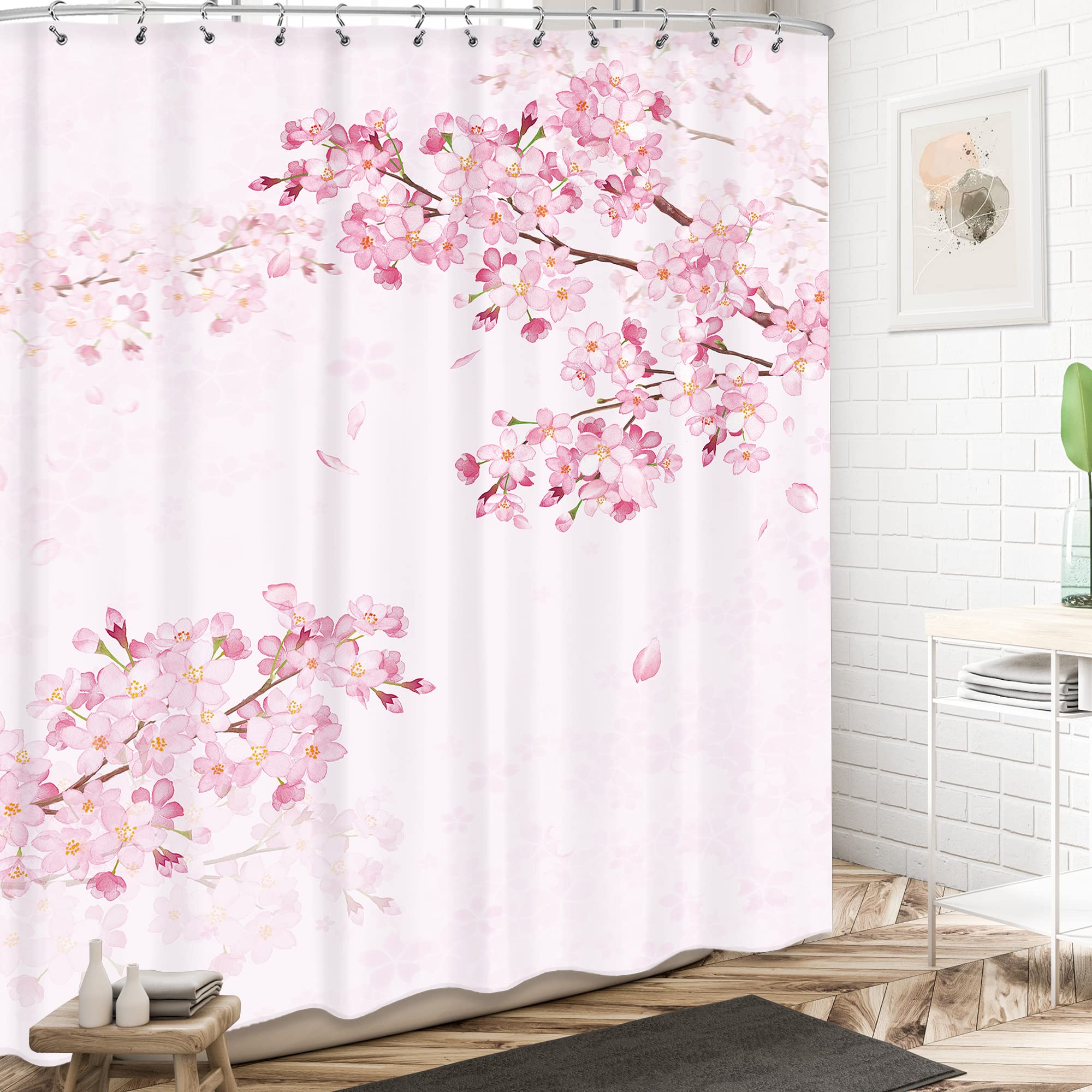 Kleiner Duschvorhang Mit Kirschblüten-Muster – 91,4 X 183 Cm, Wasserabweisend & Mit 7 Haken | Deko Für Schmale Duschen