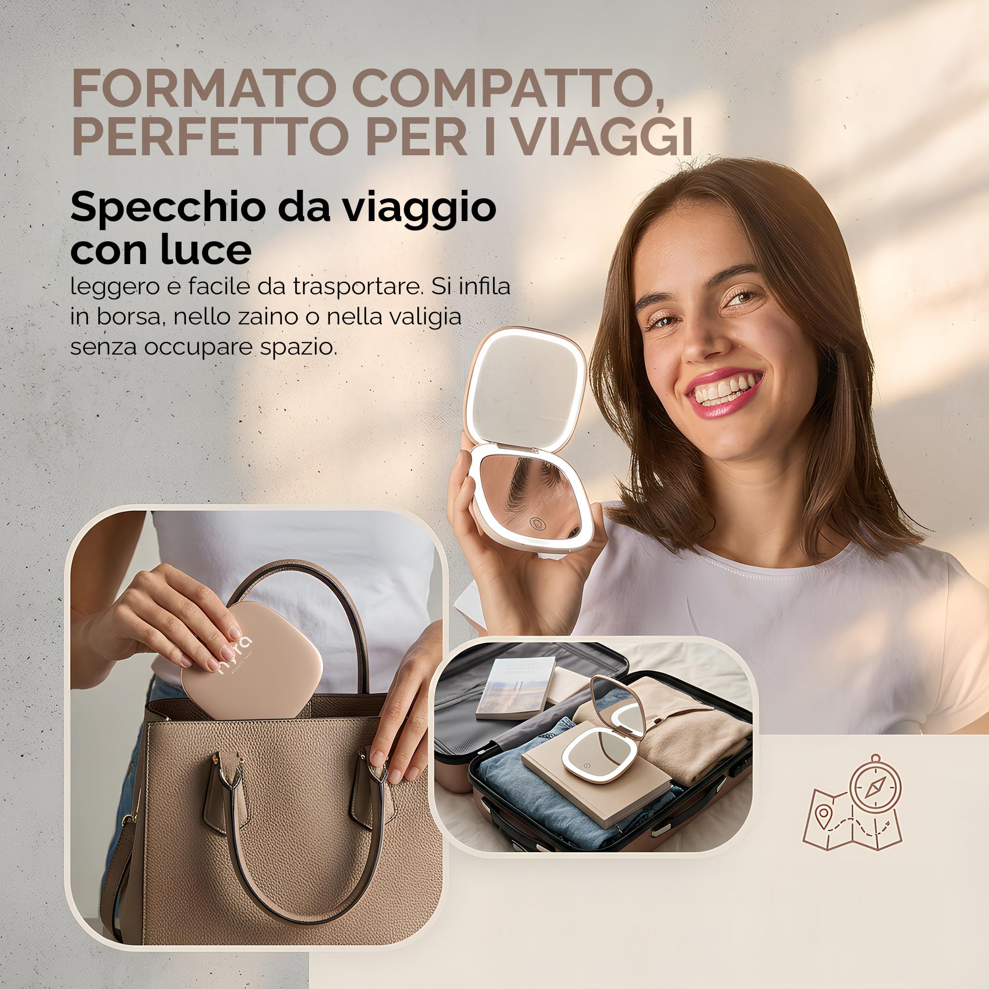 Nyra - Specchio da viaggio a LED ricaricabile, 3 modalità di luce e luminosità regolabile, ingrandimento x1 e x3, batteria 400 mAh, ricarica tipo C, compatto e portatile per il trucco