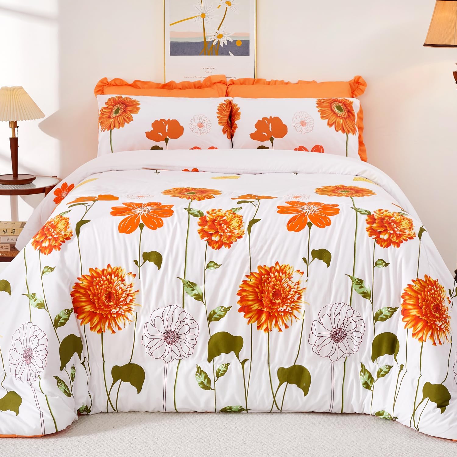 EVENHUG Duvet Cover Queen Size Soft Floral Comforter Cover Set with Zipper Closure Orange Sunflower Flowers Bedding Set for All Seasons 3 Pieces（1 Duvet Cover 90"x90", 2 Pillowcases）