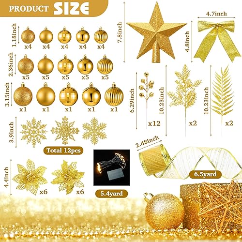 Miniatura 2 de Poen 108 Pcs Christmas Tree Ornament Set Including Xmas Tree Ball Glitter Poinsettia Bows Berries Stems Leaves Snowflakes Ribbon Lights for