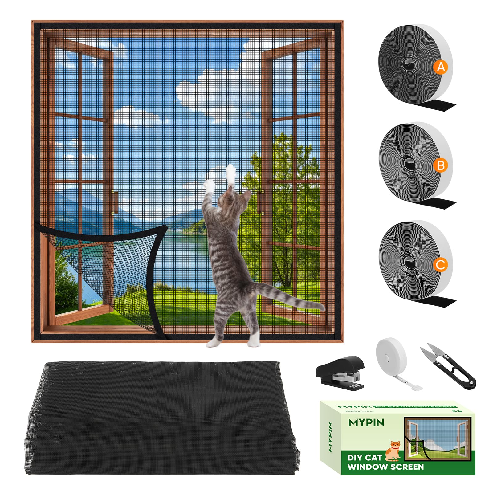 MYPIN Einstellbare Katzenschutz Fenster Netz Mit Selbstklebeband, DIY Größe, Katzennetz Balkon Fenster Transparent Netzgitter, Fliegengitter, Max. 130x150 cm, mit Lineal/Messer/Hefter (Schwarz)