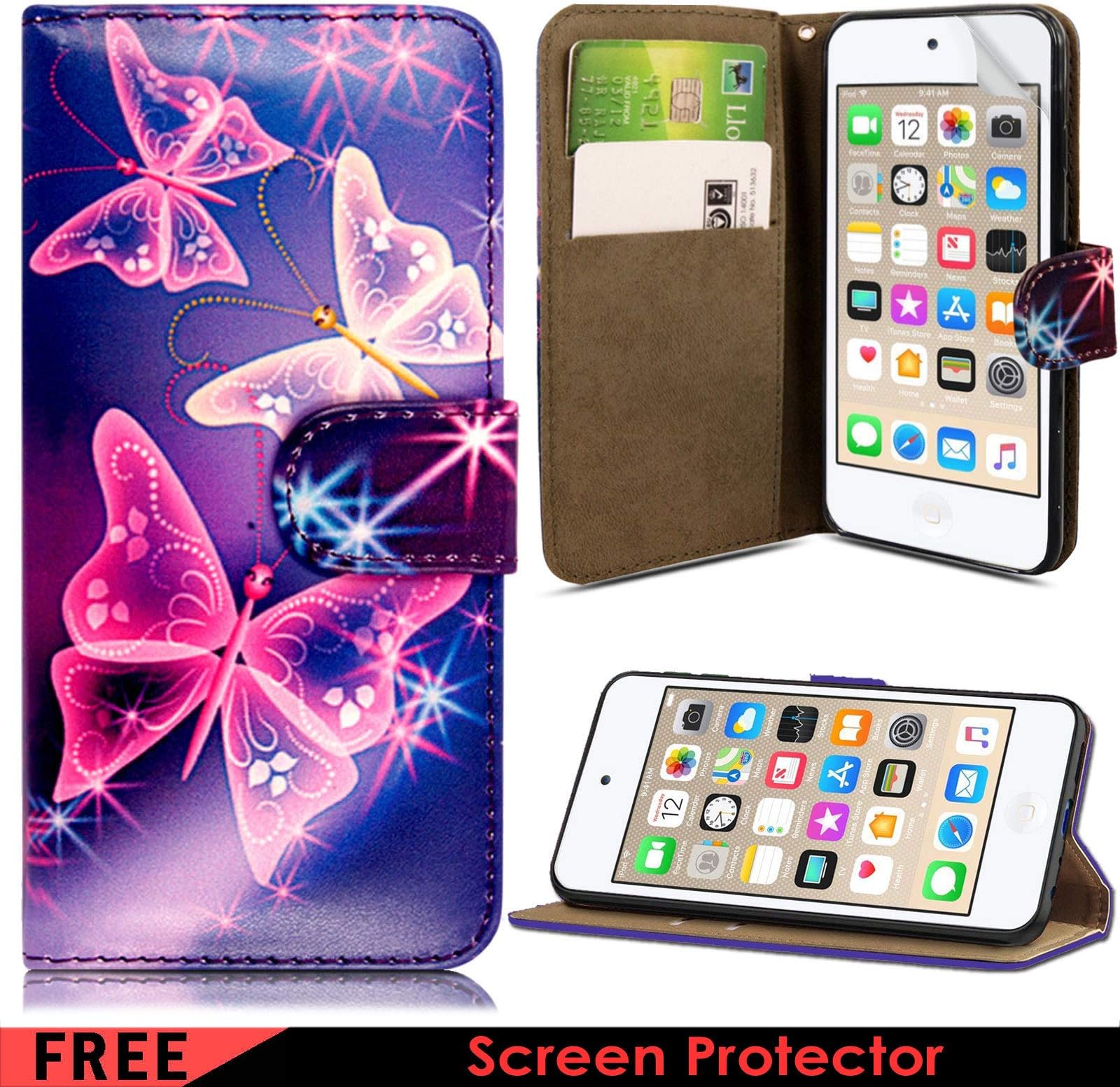 iPod Touch 5 Case, iPod Touch 6 Case, iPod Touch 7 Case, Magnetic Premium Leather Wallet Flip Case Cover for Apple iPod Touch 5th / 6th Generation (Butterfly On Blue)