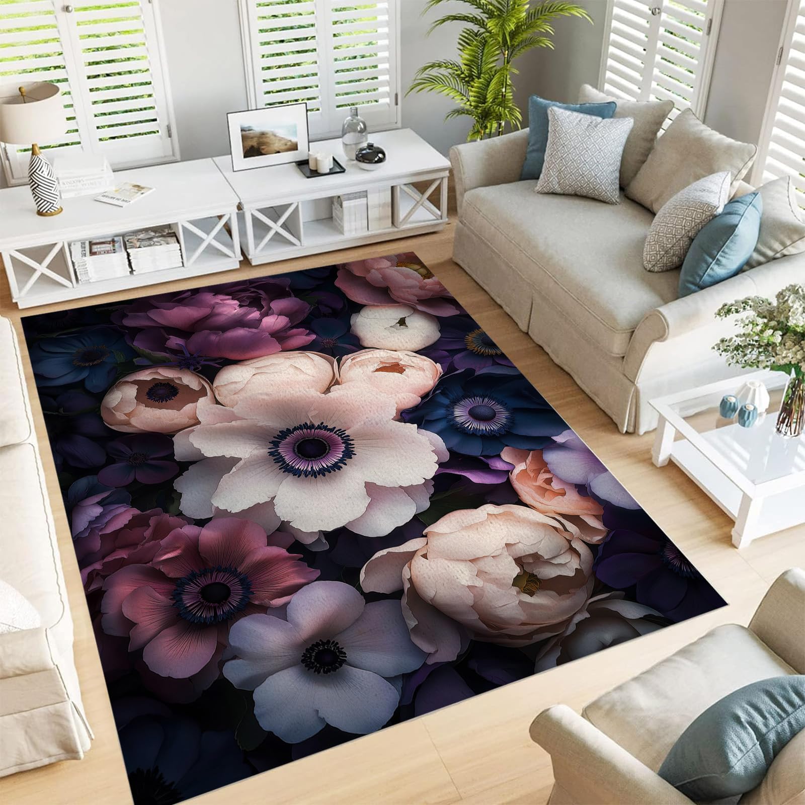 Grand tapis de salon 200 x 300 cm motif plantes et fleurs pour chambre