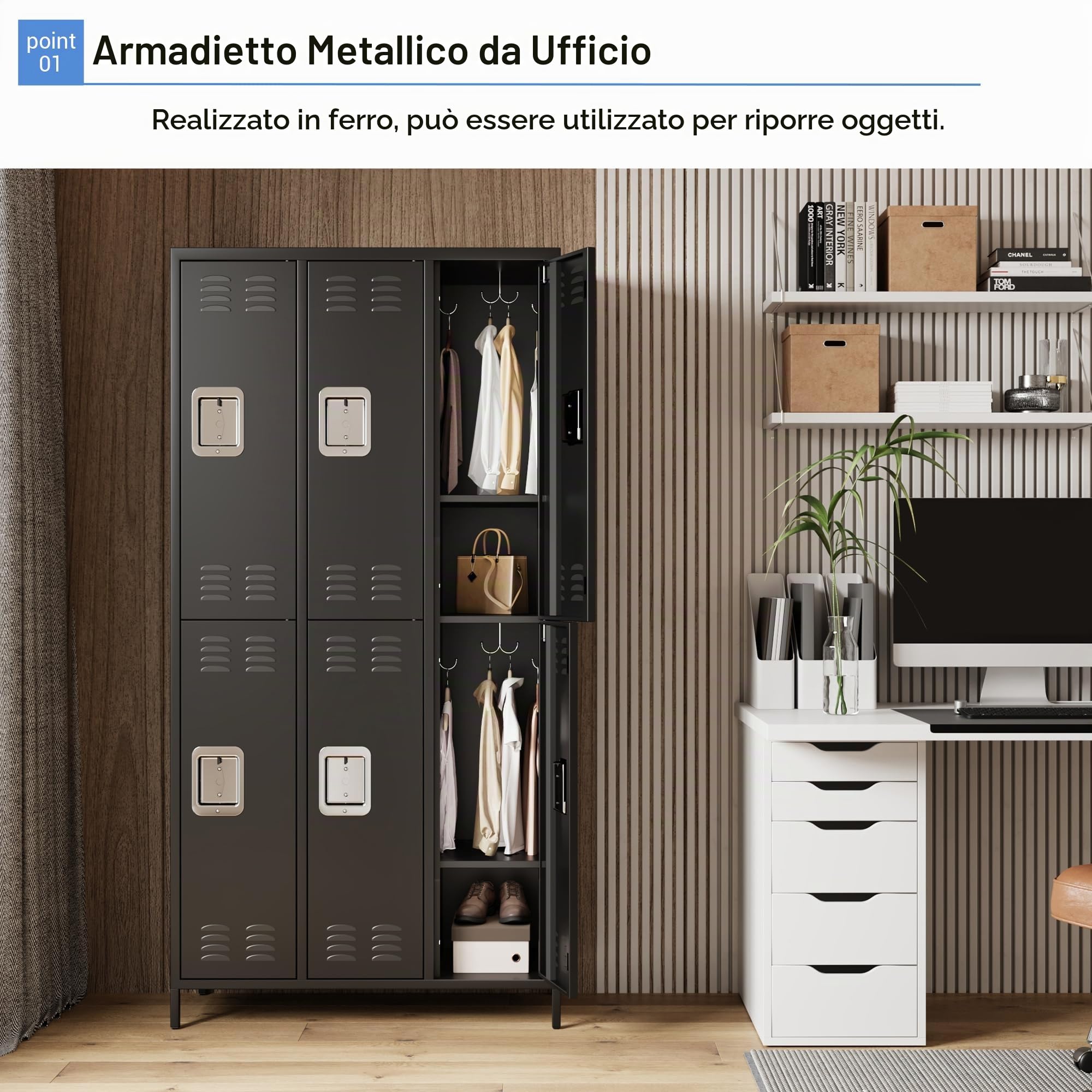 GarveeHome Armadietto Spogliatoio,Armadio in Metallo Armadio Multiuso Con 6 Scomparti, Porta Etichette, Fessure Di Ventilazione, Armadio Con Serratura Chiave Armadio in Acciaio, 90 x 40 x 182 cm