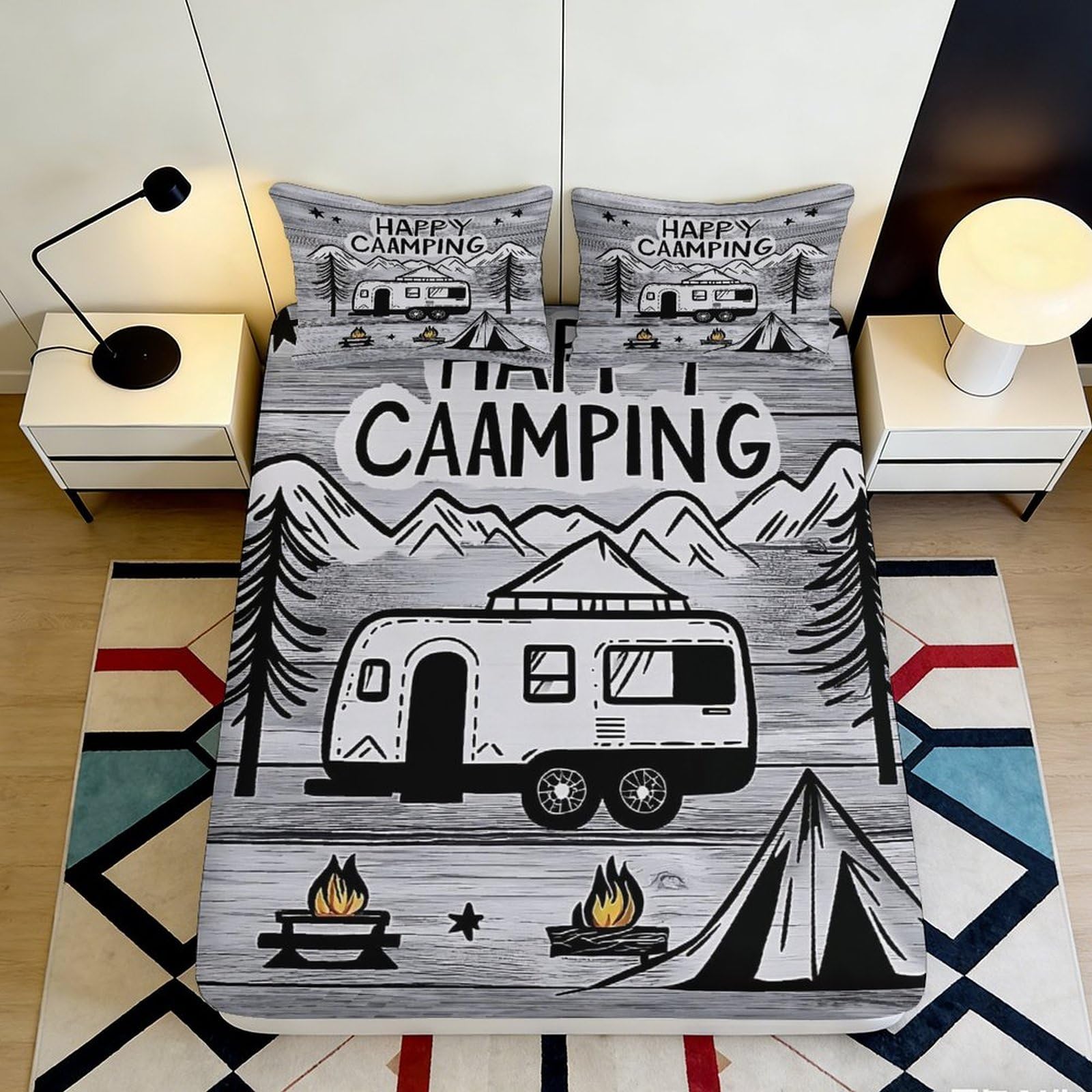 3D Printed Camping Caravan Fitted Sheet Microfiber Soft Black Grey Mountain Tent Bed Cover for Bedroom Guestroom Decor 90x200x25cm