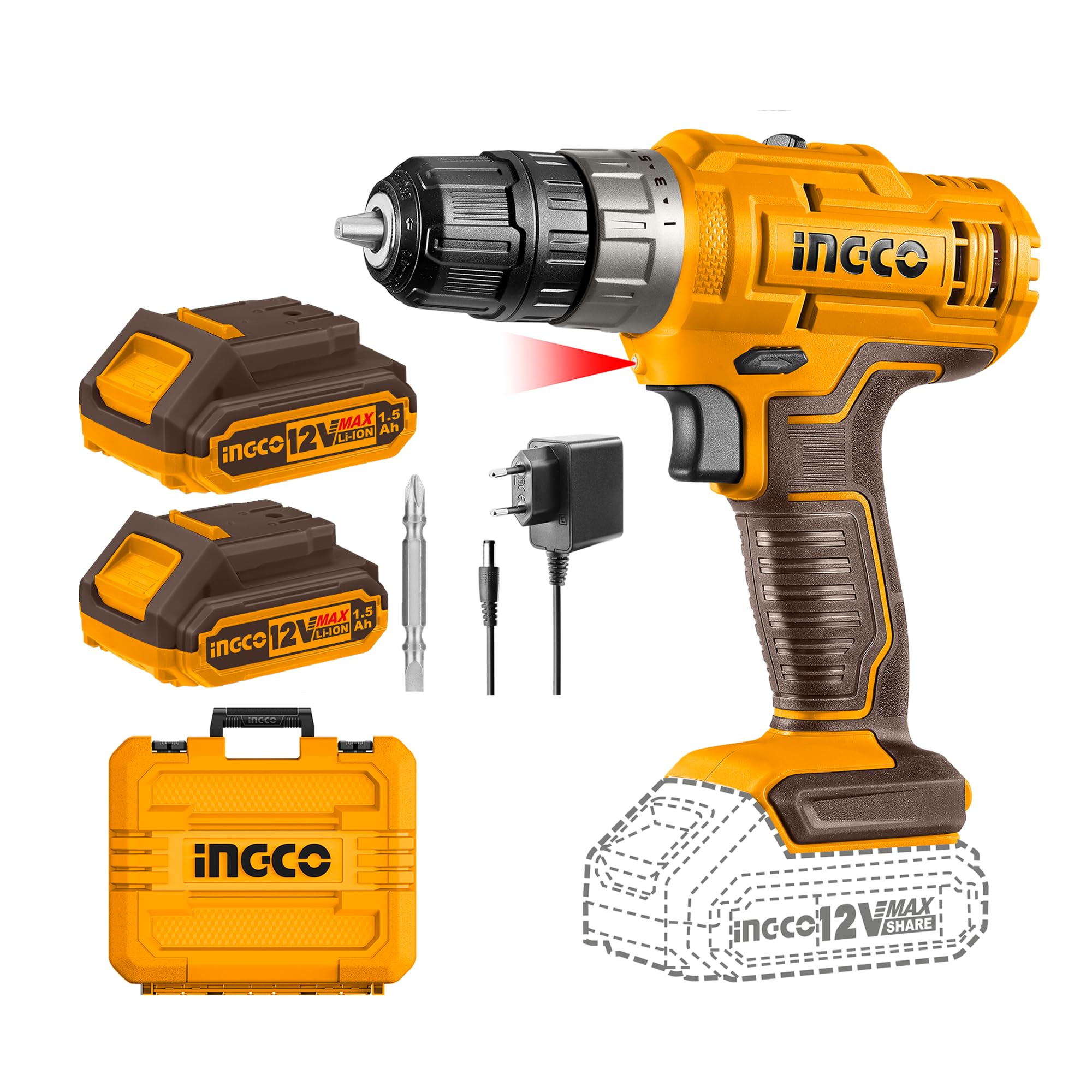 Ingco 12V Cordless Drill With 2 Pcs Batteryies, Charger, Plastic Chuck, 1 Pcs Drill Bit, 25Nm, 1500 Rpm, 0.8-10Mm, 5+1 Torque, Variable Speed, Led, Yellow,Brown-image-2