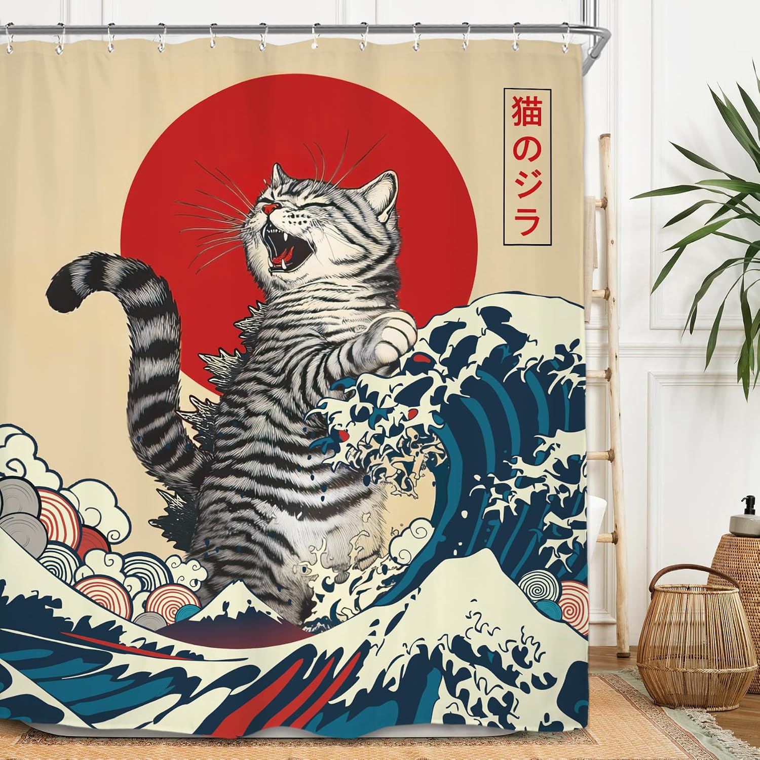 Miyotaa Funny Cat Japanese Shower Curtain Set 60Wx71H Inches Animal Hilarious Anime Ocean Sun Asian Wave Interesting Waterproof Bathroom Curtain with 12 Hooks