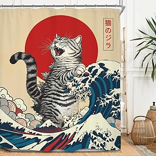 Miyotaa Funny Cat Japanese Shower Curtain Set 60Wx71H Inches Animal Hilarious Anime Ocean Sun Asian Wave Interesting Waterproof Bathroom Curtain with 12 Hooks