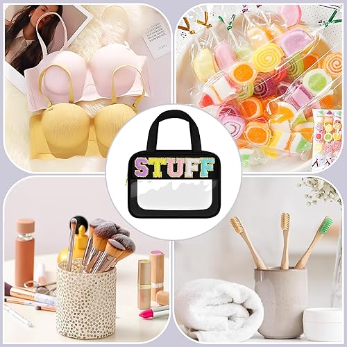 Miniatura 7 de Bolsa de maquillaje transparente con letras de chenilla, bolsa de cosméticos de preparación con cremallera, bolsa de cosas impermeable para