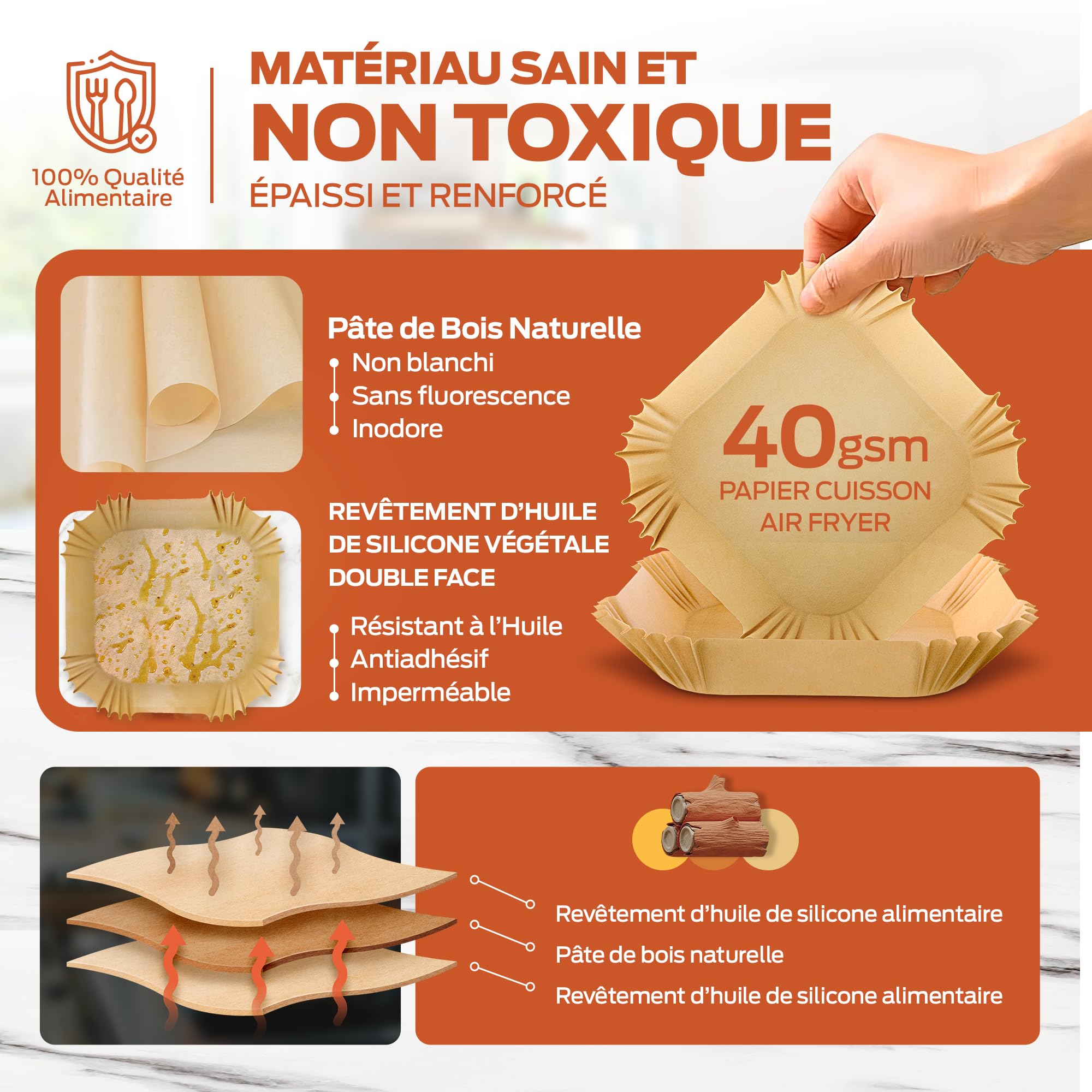 PORTENTUM Papier cuisson air fryer - 100 pièces Food-Grade sans BPA, 20×24 cm, adapté friteuses 5–8 L, solution idéale pour préparation saine