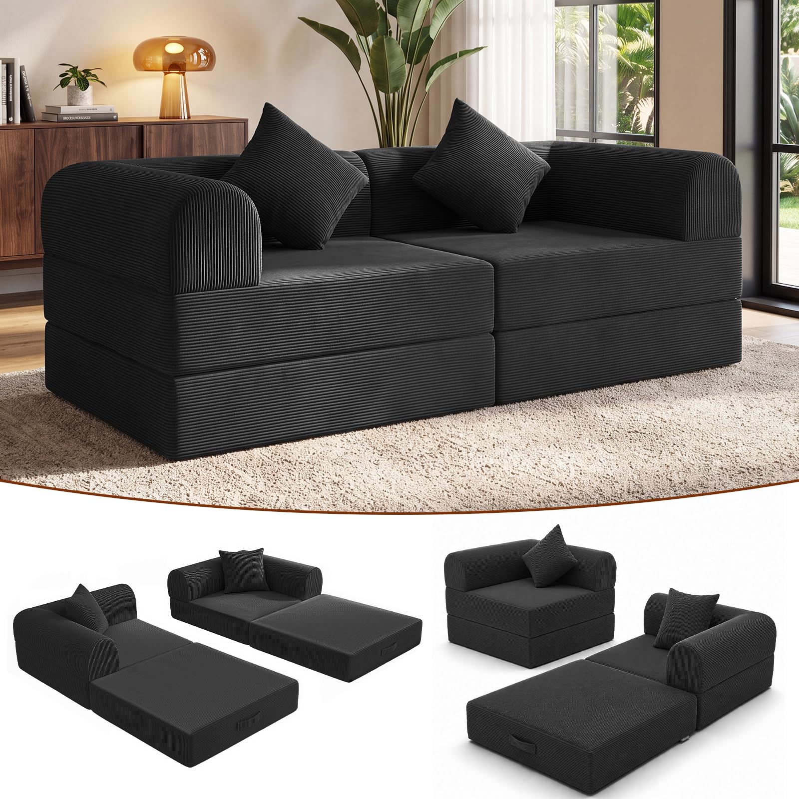 74.8’’Convertible Futon Sofa Bed, Boneless Couch for Living Room | Corduroy Boneless Loveseat Sleeper Sofa, Modular Futon Couch with 2 pillow, Pull Out Couch No Assembly | Black