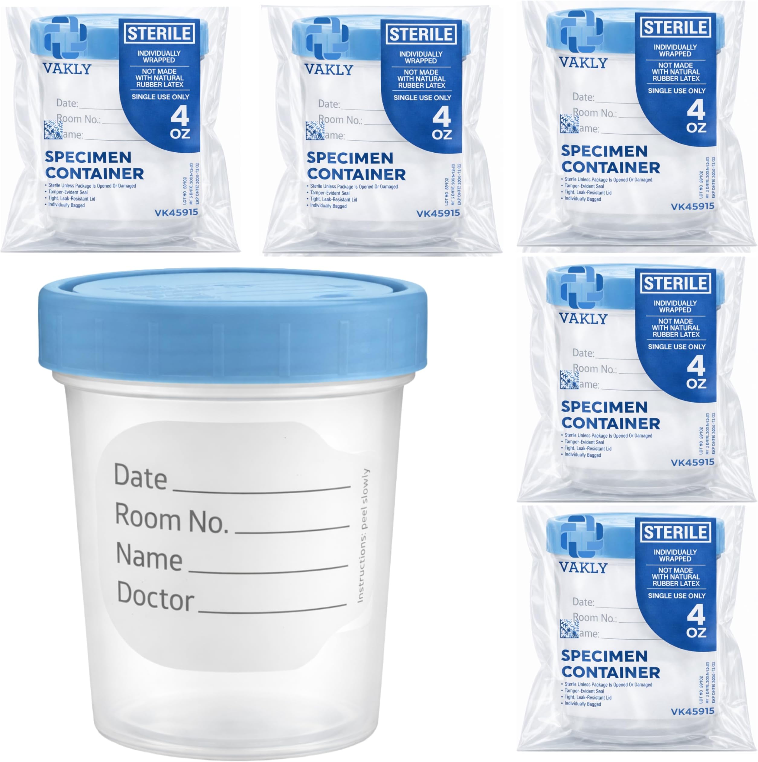 Vakly Sterile Urine Specimen Cups 4 oz (5 Pack) – Clear Sample Collection Containers with Leak-Proof Screw-On Lids, Individually Bagged for Urine, Stool, and Lab Testing