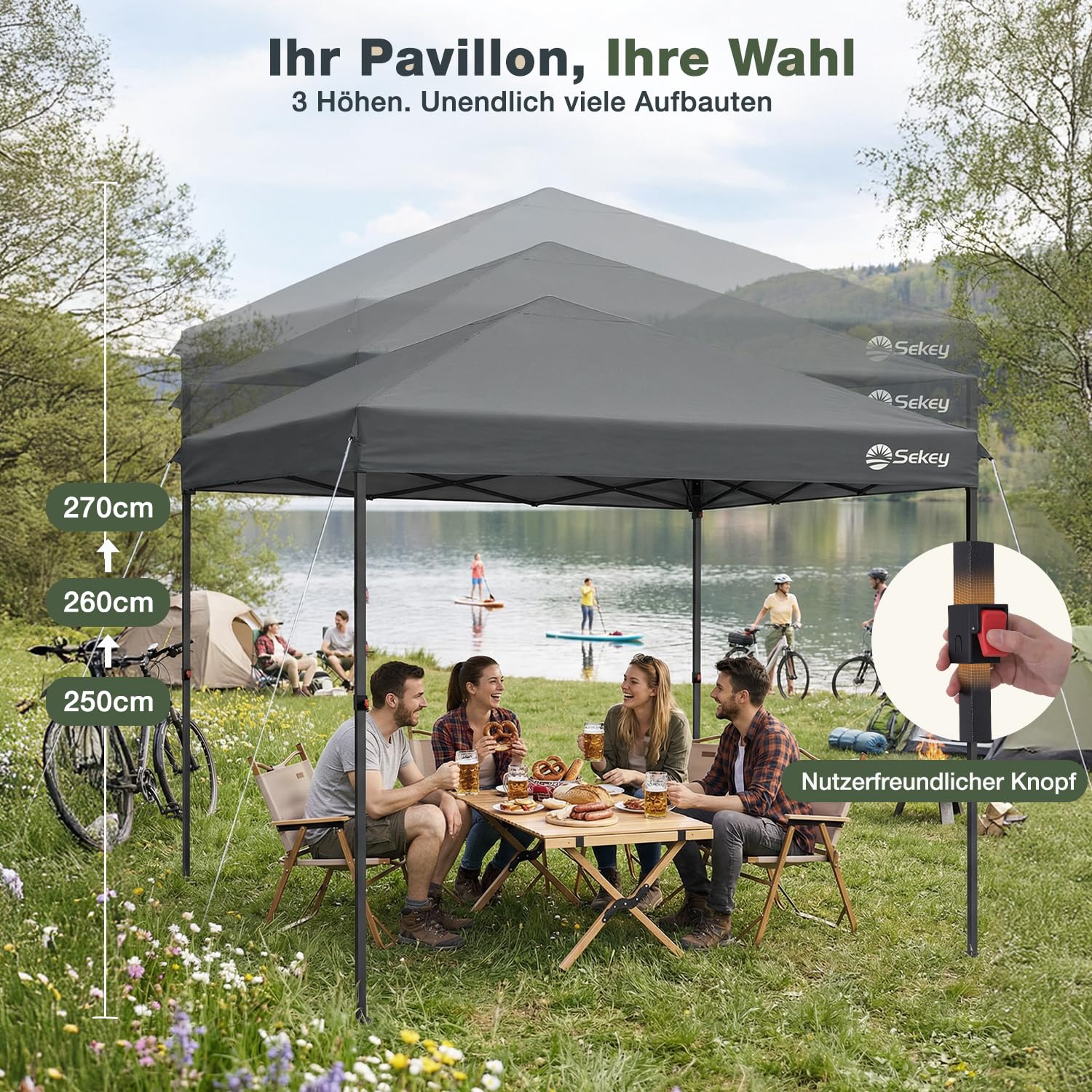 Sekey One-Touch Pop Up Pavillon 3x3 Wasserdicht Stabil Winterfest, Faltpavillon 3x3m mit Verdickten Röhren, Partyzelt Pavillion Klappbar für Camping Festival Party, Premium Serie 3x3, Anthrazit