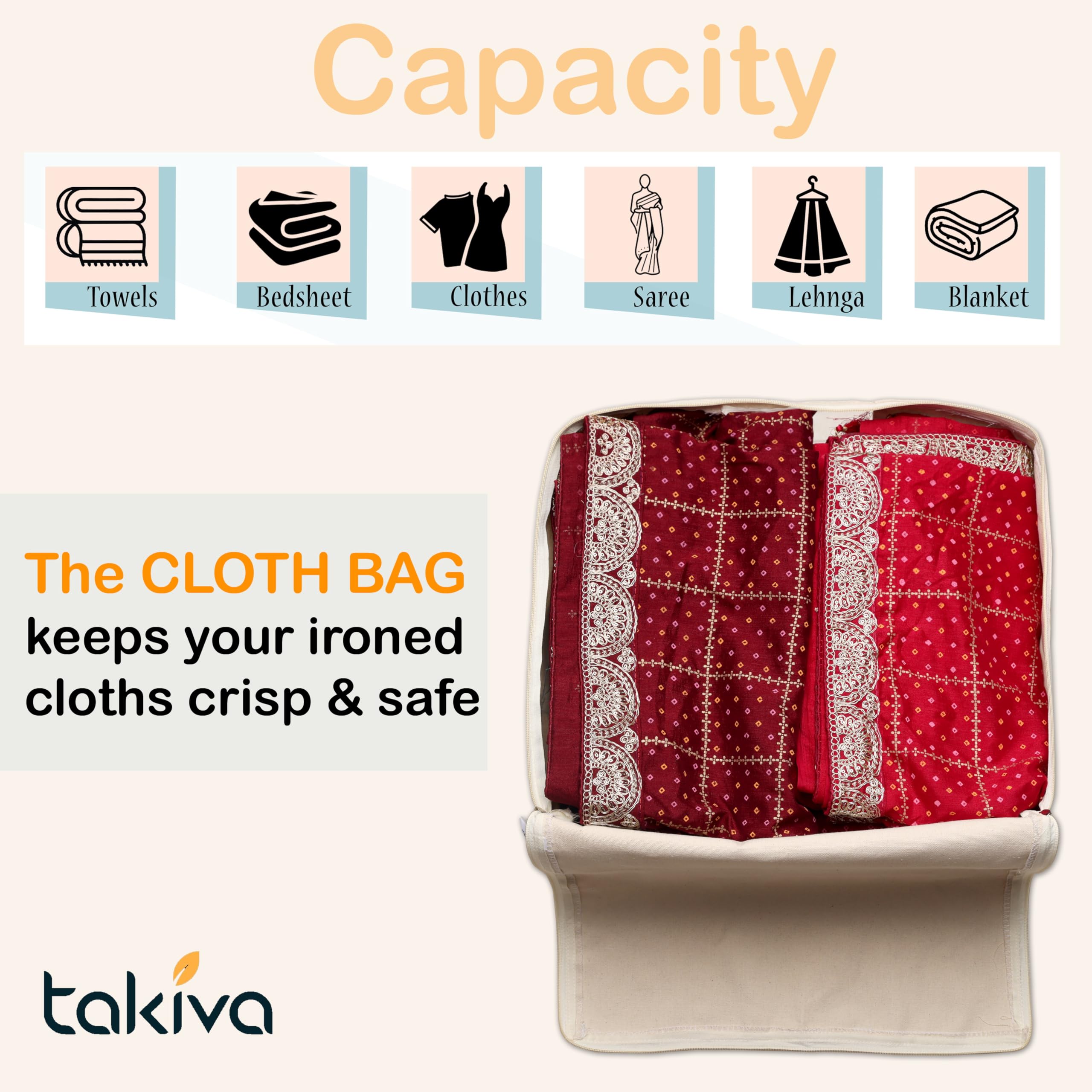 TAKIVA Cotton Canvas Saree Storage Bags Pack of 3 | Large Cotton Storage Bag for Clothes, Sarees & Blankets | Big Size Wardrobe Organizer with Zipper | Reusable Soft Canvas Storage Box 2