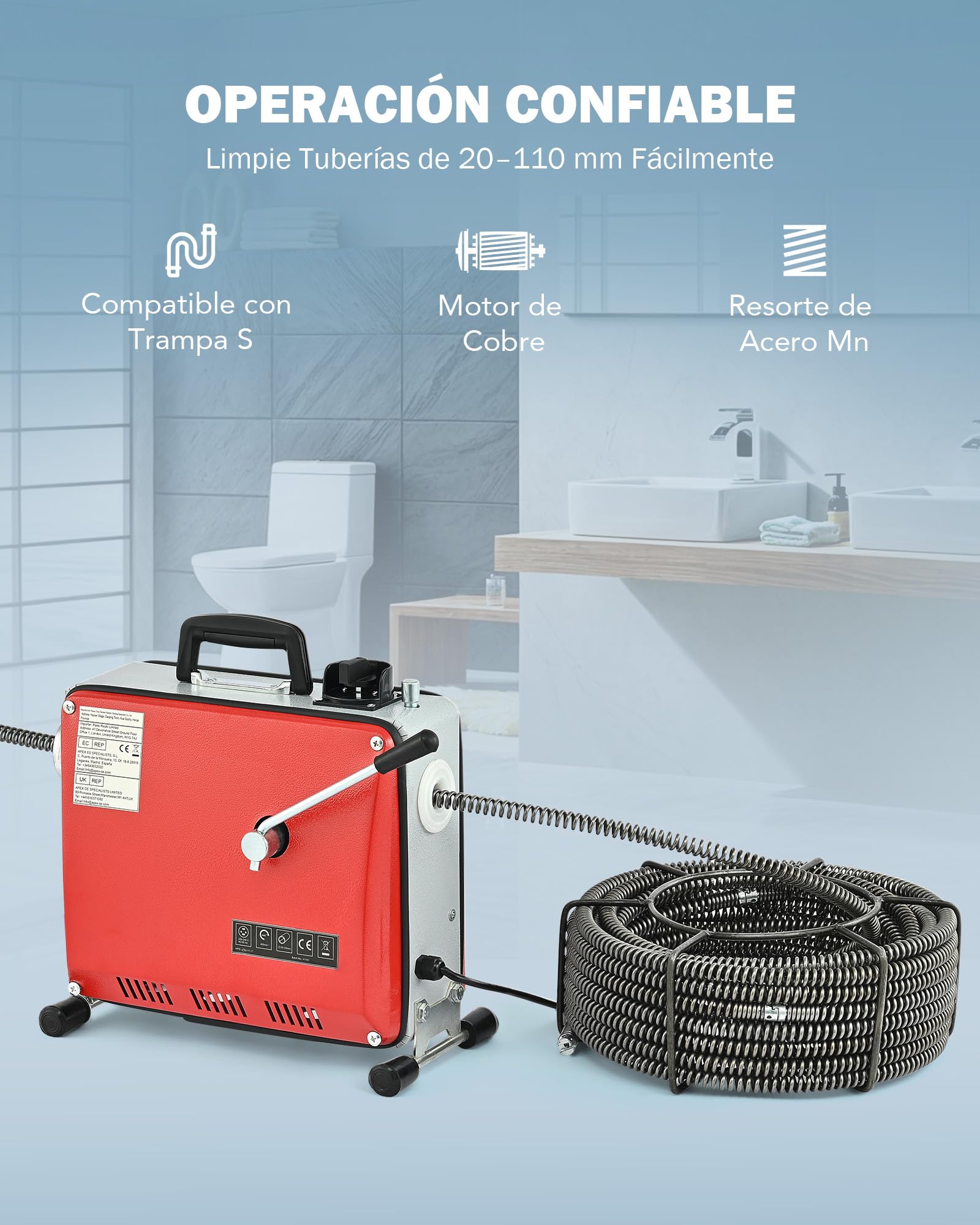 ZELCAN 400W Desatascador Eléctrico de Tuberías 400r/min Máquina de Limpieza de Desagües Electrico con Espirales Máquina de Limpieza para Tubos 20mm a 100mm