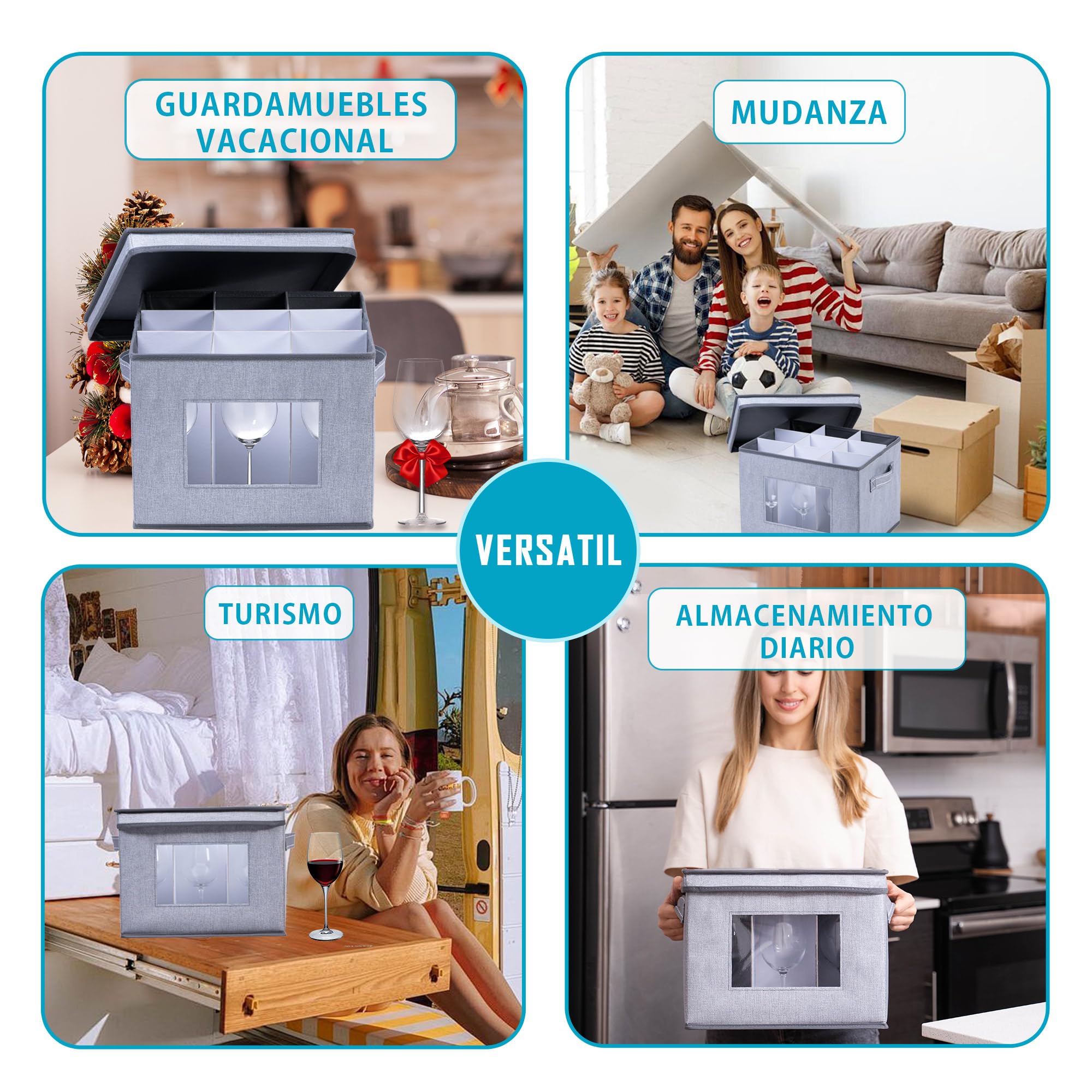 VENO Paquete de 2 cajas tapa y asas, para guardar adornos navideños y cristalería, organizador de cristalería y vajilla, ideal para mudanzas y transporte (copas de vino: paquete de 2)
