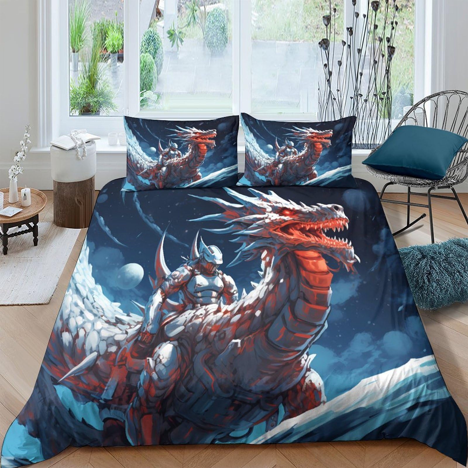 Ctjqhvkz Style-4 3D Printed Red Dragon Fitted Sheet Microfiber Fantasy Warrior Bed Cover For Bedroom Dorm Mattress Protection Decor Single（135X200cm）