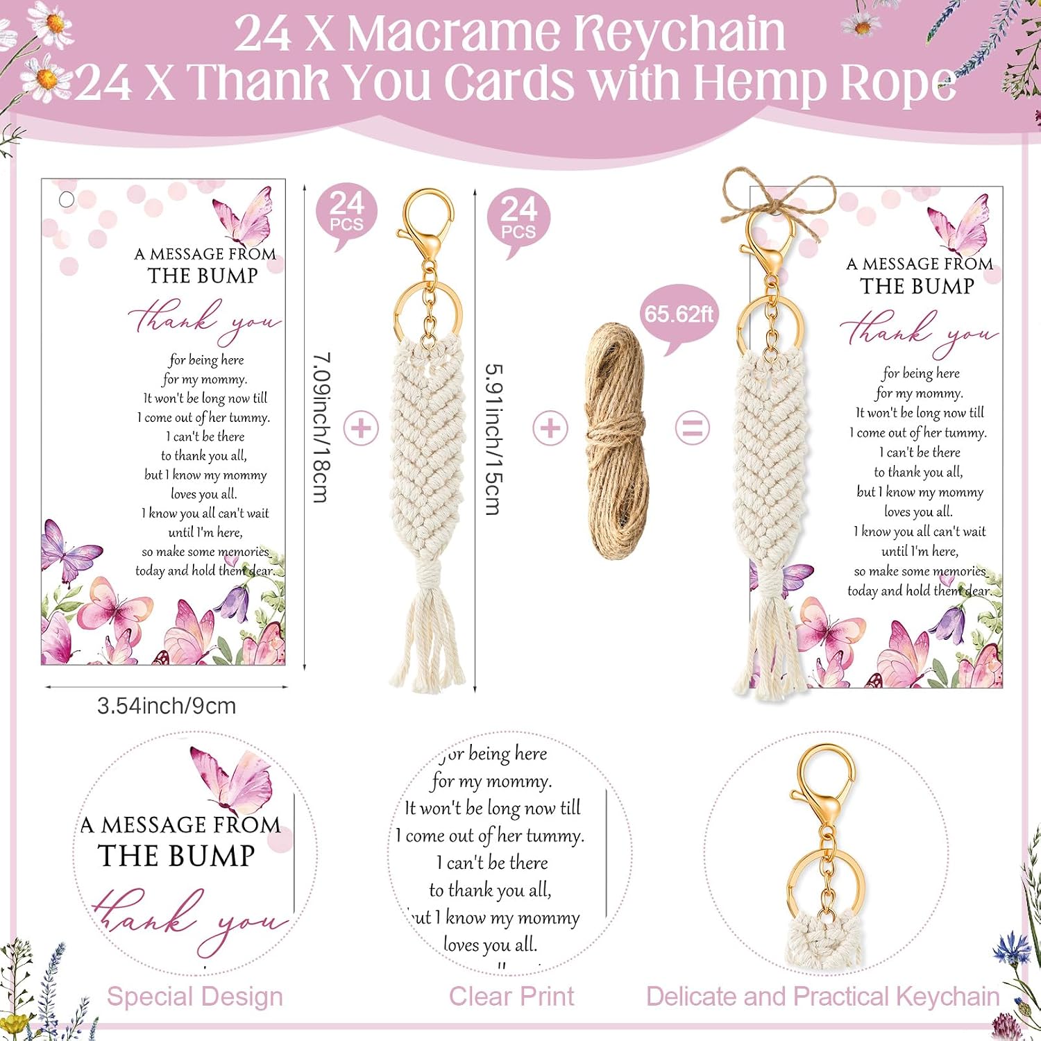 Ecation Boho Baby Shower Favors for Guests Butterfly Macrame Keychains Bulk Crochet Tassel Key Rings Thank You Cards Gifts
