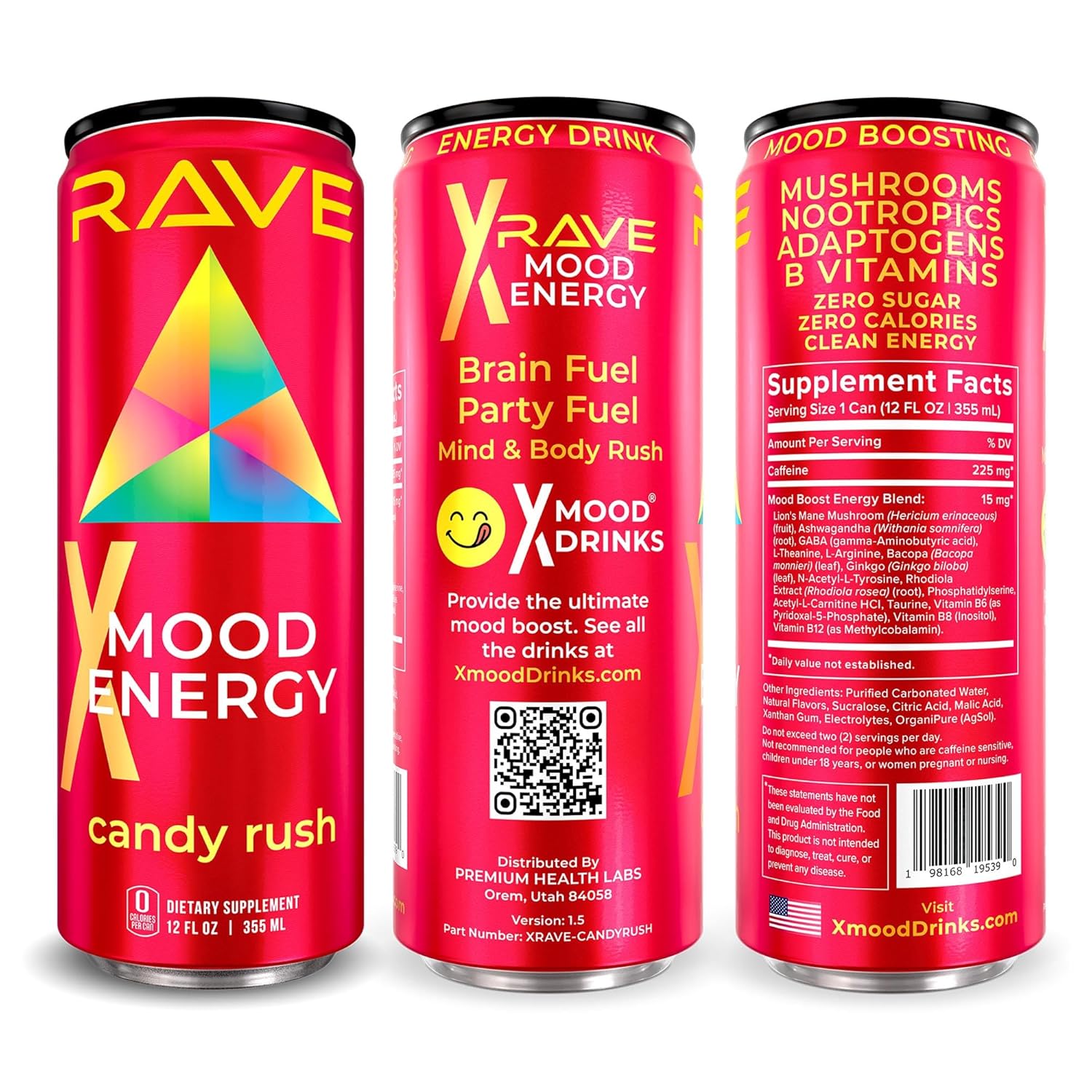 RAVE Mood Energy Drink is Mind Blowingly Different. With Mood-Boosting Functional Mushrooms, Nootropics, Adaptogens & B Vitamins. Experience Mind & Body Rush! 225mg Caffeine - Electrolytes - Zero Calories - Delicious Candy Rush Flavor - 12 fl oz – 12 Pack