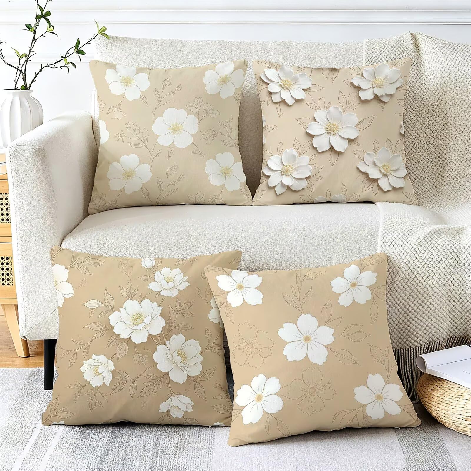 Beżowa poszewka na poduszkę 65 x 65 cm zestaw 4 poduszek outdoorowych | Aksamitna poszewka na poduszkę do salonu, na sofę, styl boho, 65 x 65 cm