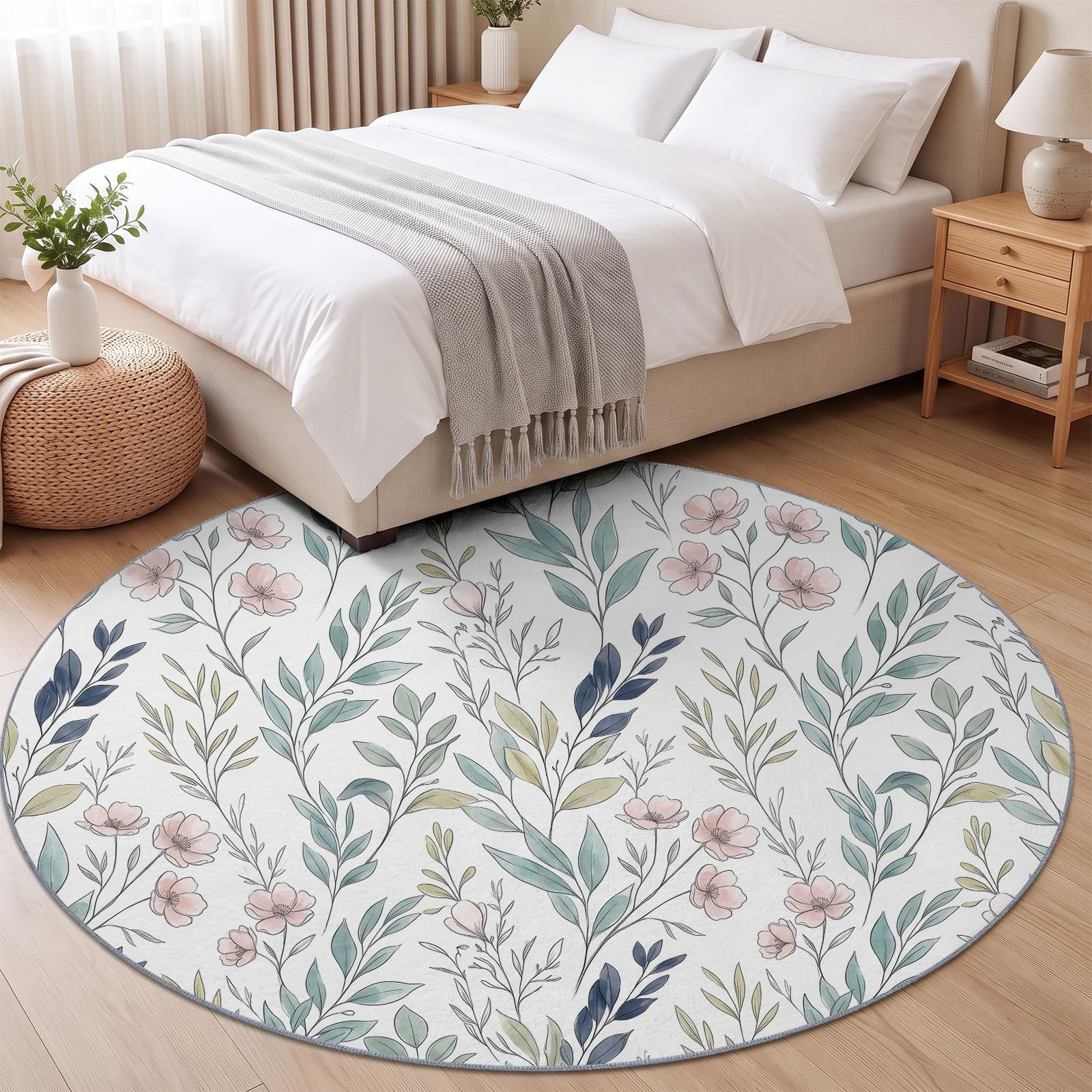 Tapis Rond 100 cm, imprimé Moderne Naturel Fleurs Feuilles Tapis de Sol Décoration Antidérapant Poil Bas pour Salon Chambre Cuisine Salle à Manger Intérieur, Vert