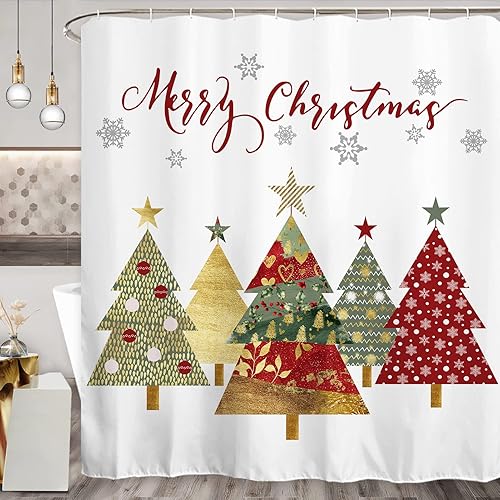 Baccessor Cortina de ducha dorada estilo bohemio con diseño de árbol de Navidad, pino, nevado, tela impermeable, decoración de baño, invierno,