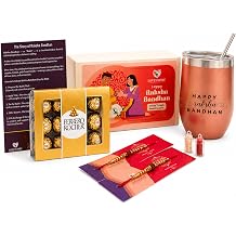 LOVENSPIRE Traditional Rudraksha Rakhi Gift Hamper for Brother &amp; Bhabhi &ndash; Adjustable Rakhi Bracelet with Tumbler, Chocolates, Roli Chawal &amp; Card for Raksha Bandhan