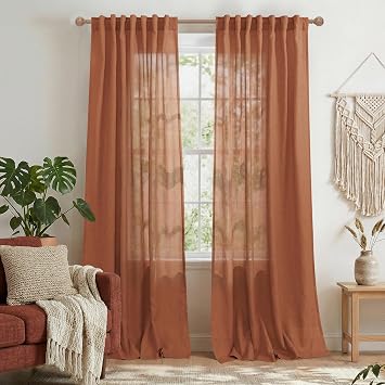 Terracotta Linen Curtains 90 Inches Long, Back Tab Fall Boho Farmhouse Semi Sheer Bohemian Window Curtain Panels for Living Room Bedroom, Rust Autumn Maximalist Decor, Cortinas Para Salas Modernas